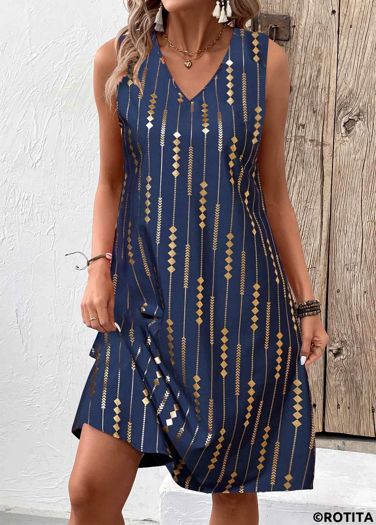 Blue dresses,Geometric dresses,Striped dresses,Everyday dresses,Casual dresses,ROTITA Hot Stamping Geometric Print Blue A Line Sleeveless Dress