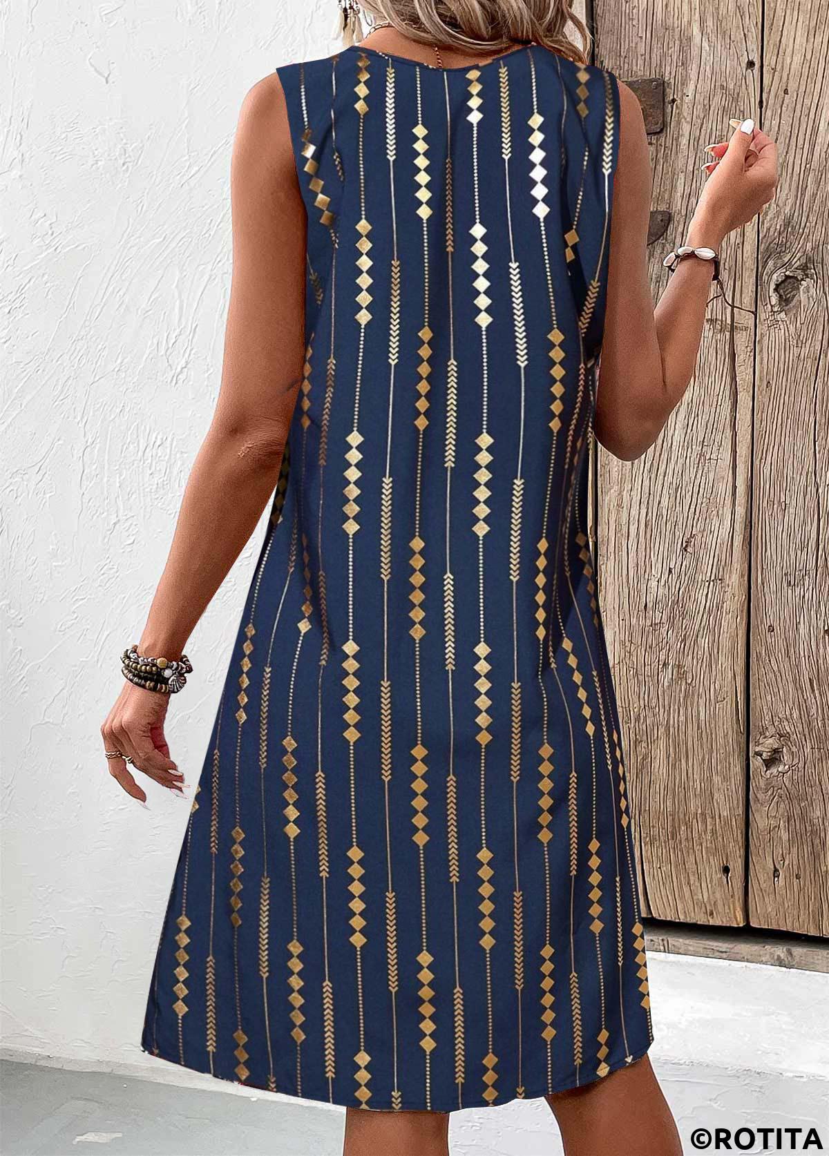 Blue dresses,Geometric dresses,Striped dresses,Everyday dresses,Casual dresses,ROTITA Hot Stamping Geometric Print Blue A Line Sleeveless Dress