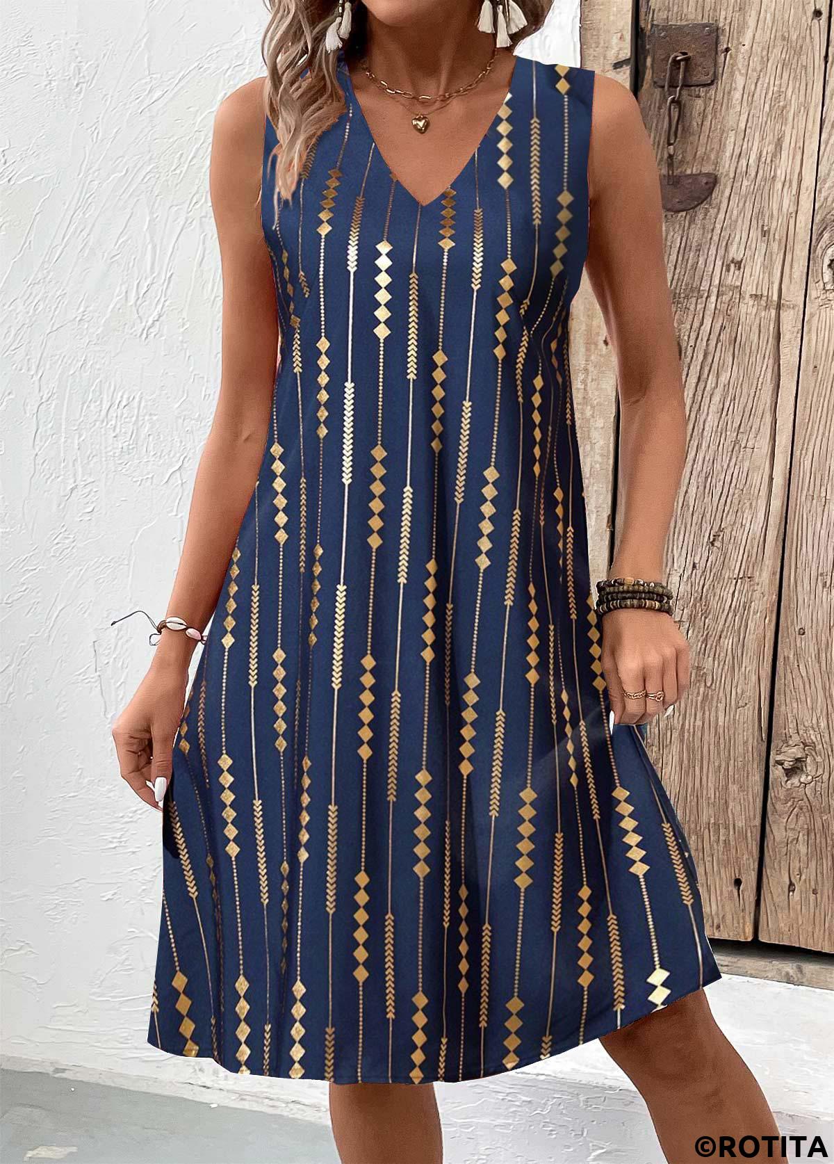 Blue dresses,Geometric dresses,Striped dresses,Everyday dresses,Casual dresses,ROTITA Hot Stamping Geometric Print Blue A Line Sleeveless Dress