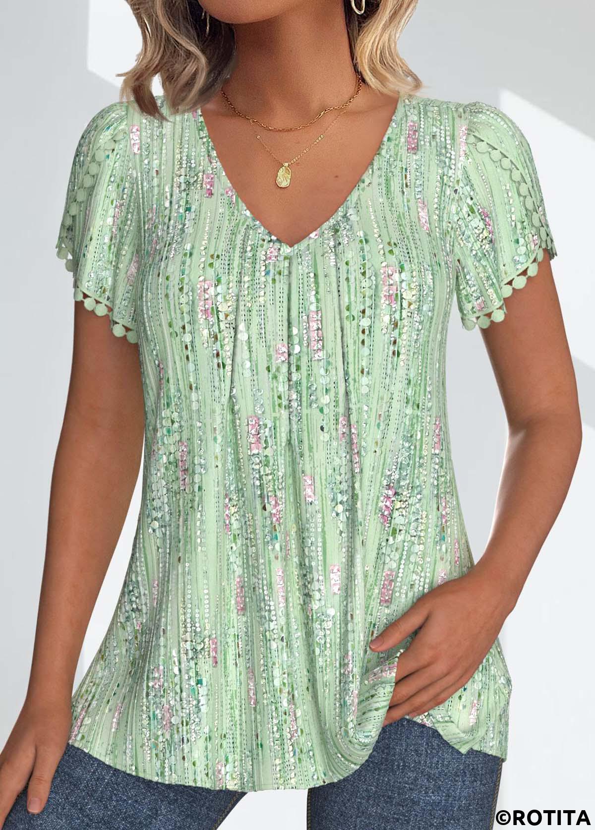 ROTITA Patchwork Geometric Print Light Green V Neck T Shirt