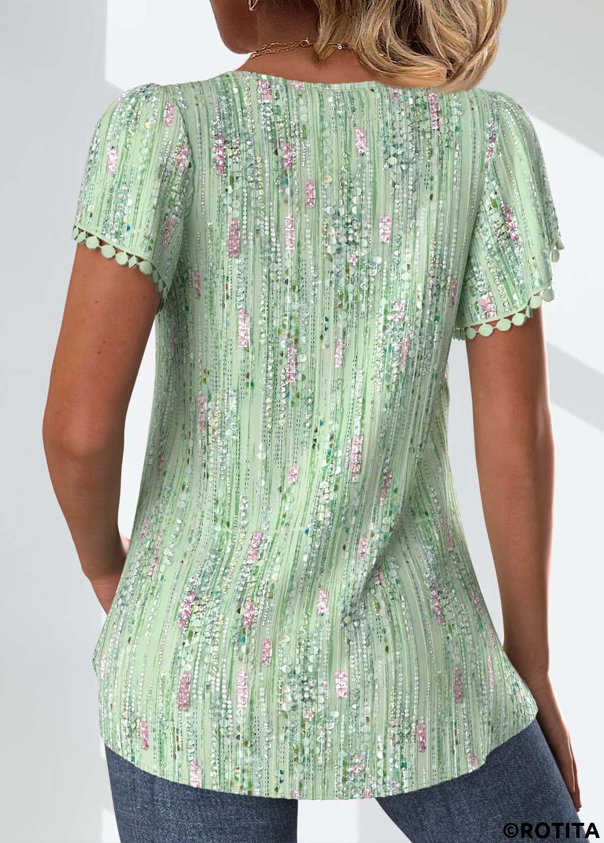 ROTITA Patchwork Geometric Print Light Green V Neck T Shirt