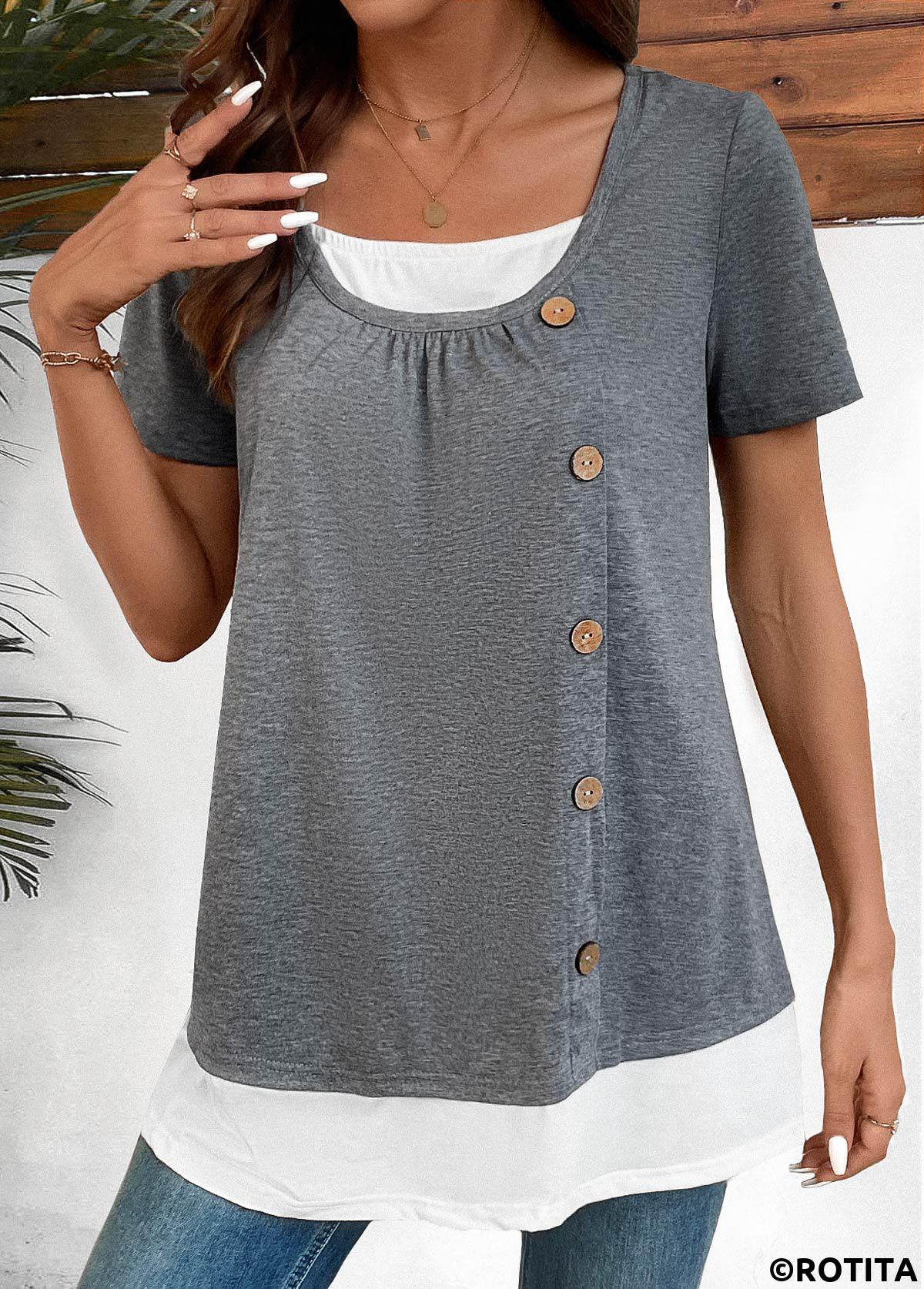 Dark Grey Marl tops,Contrast Color tops,ROTITA Fake 2in1 Dark Grey Marl Square Neck Shirt