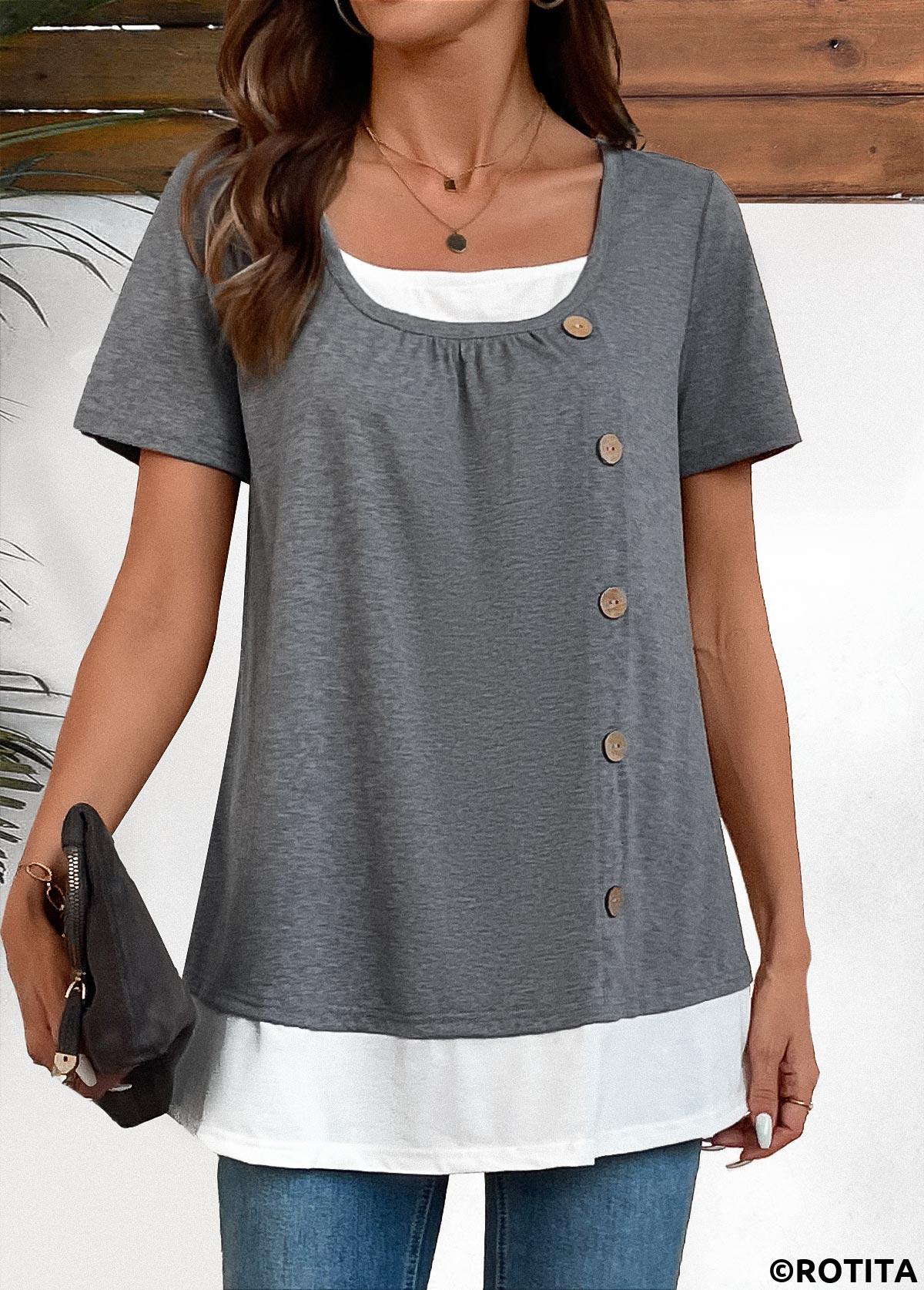 Dark Grey Marl tops,Contrast Color tops,ROTITA Fake 2in1 Dark Grey Marl Square Neck Shirt