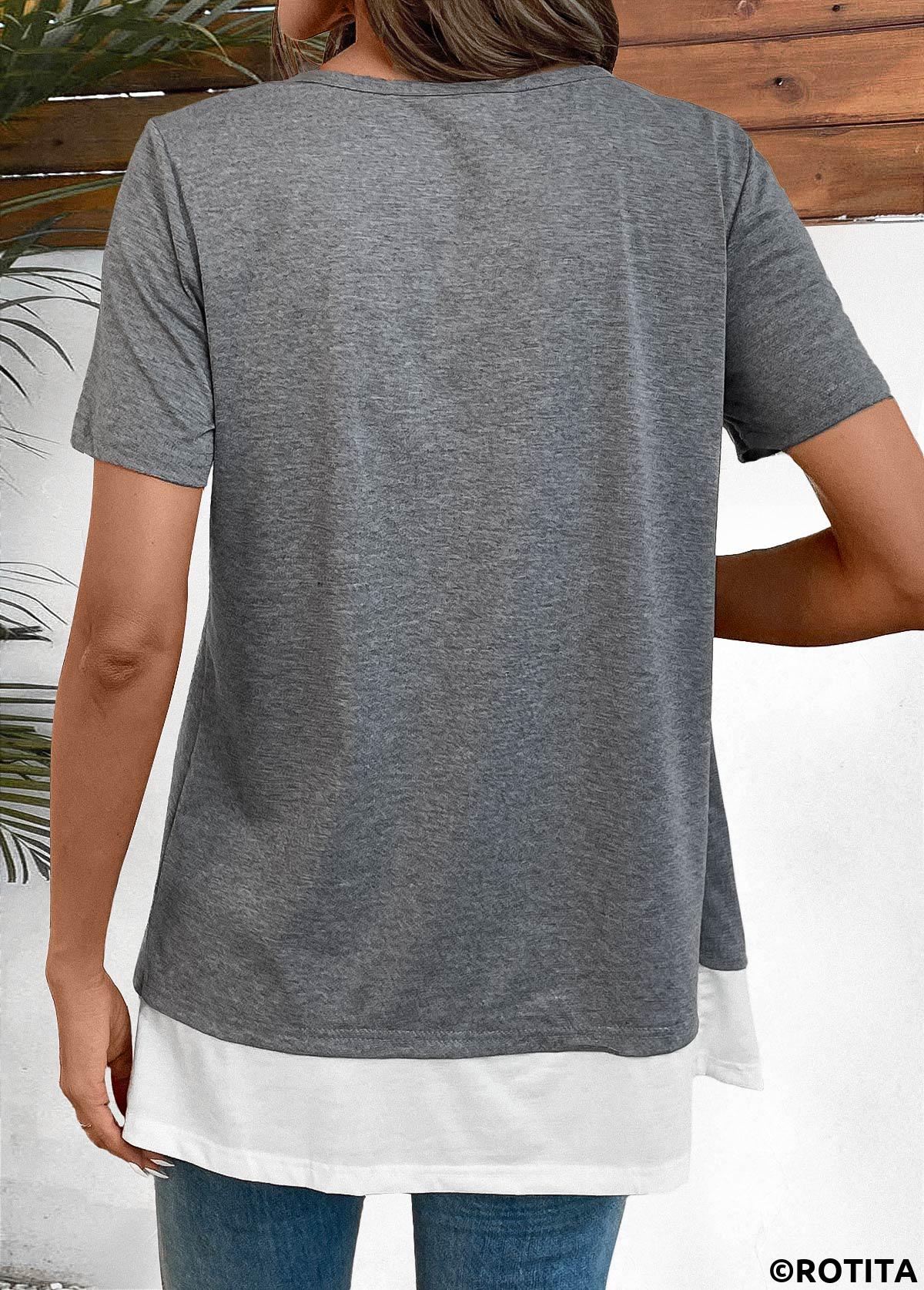 Dark Grey Marl tops,Contrast Color tops,ROTITA Fake 2in1 Dark Grey Marl Square Neck Shirt