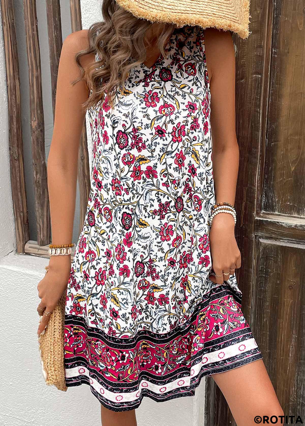 Hot Pink dresses,Floral dresses,Plants dresses,Vacation dresses,Vacation dresses,Breathable Floral Print Hot Pink A Line Sleeveless Dress