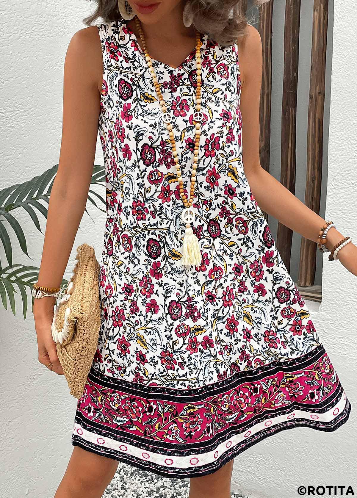 Hot Pink dresses,Floral dresses,Plants dresses,Vacation dresses,Vacation dresses,Breathable Floral Print Hot Pink A Line Sleeveless Dress