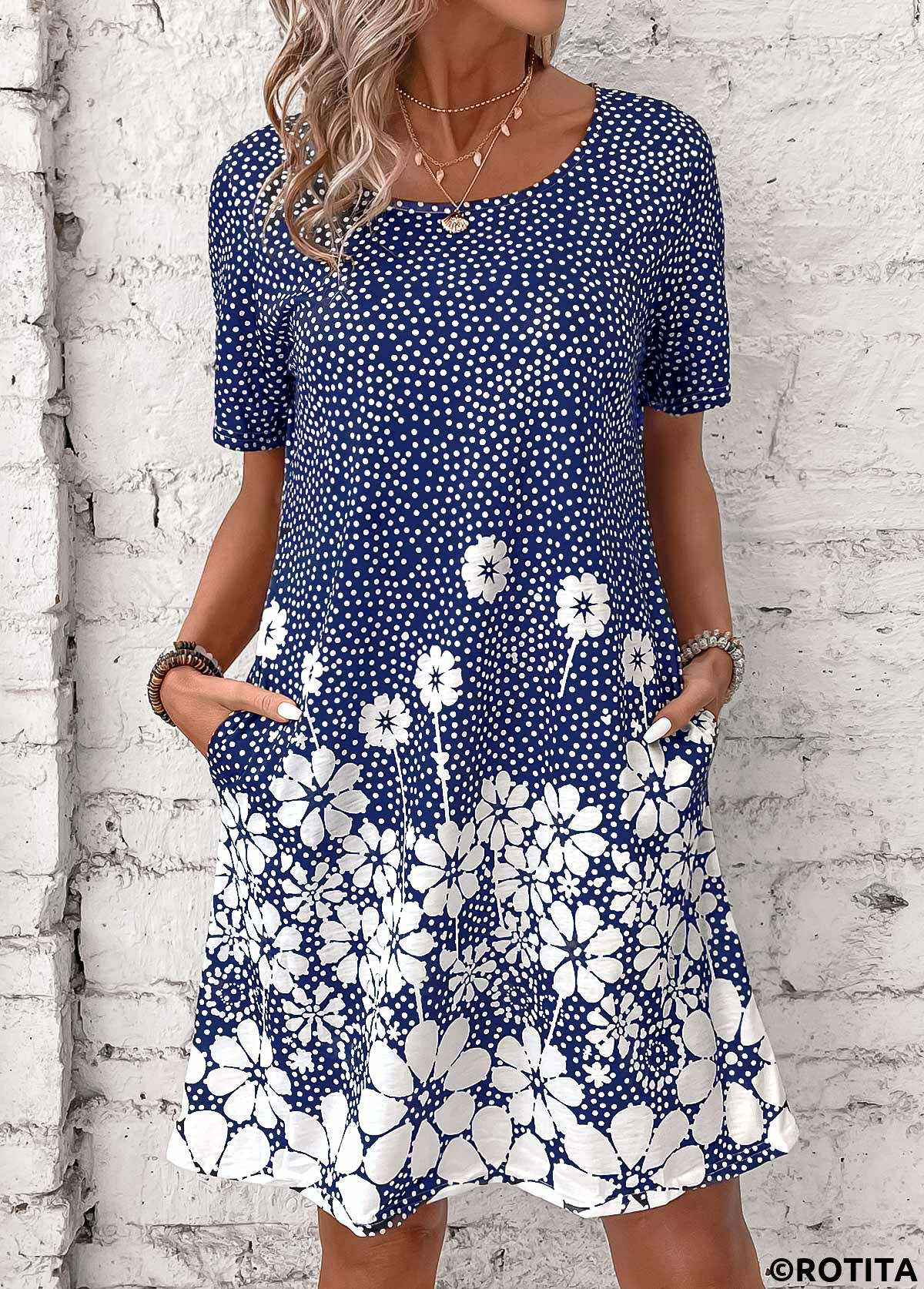 Blue dresses,Floral dresses,Dot dresses,Plants dresses,Everyday dresses,Casual dresses,Pocket Floral Print Blue Short Round Neck Dress