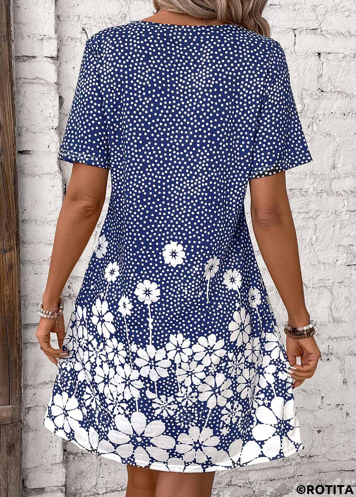 Blue dresses,Floral dresses,Dot dresses,Plants dresses,Everyday dresses,Casual dresses,Pocket Floral Print Blue Short Round Neck Dress