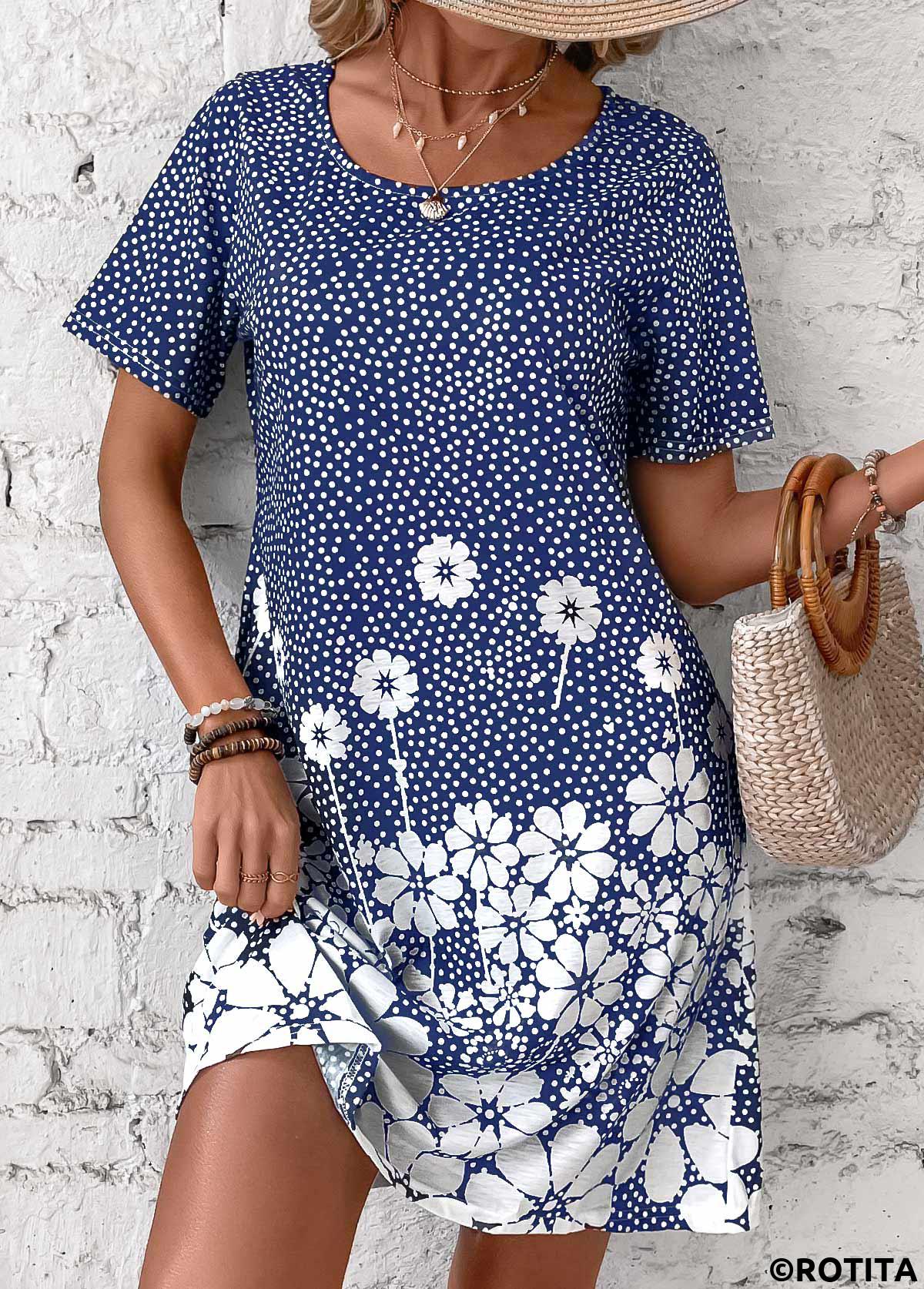 Blue dresses,Floral dresses,Dot dresses,Plants dresses,Everyday dresses,Casual dresses,Pocket Floral Print Blue Short Round Neck Dress