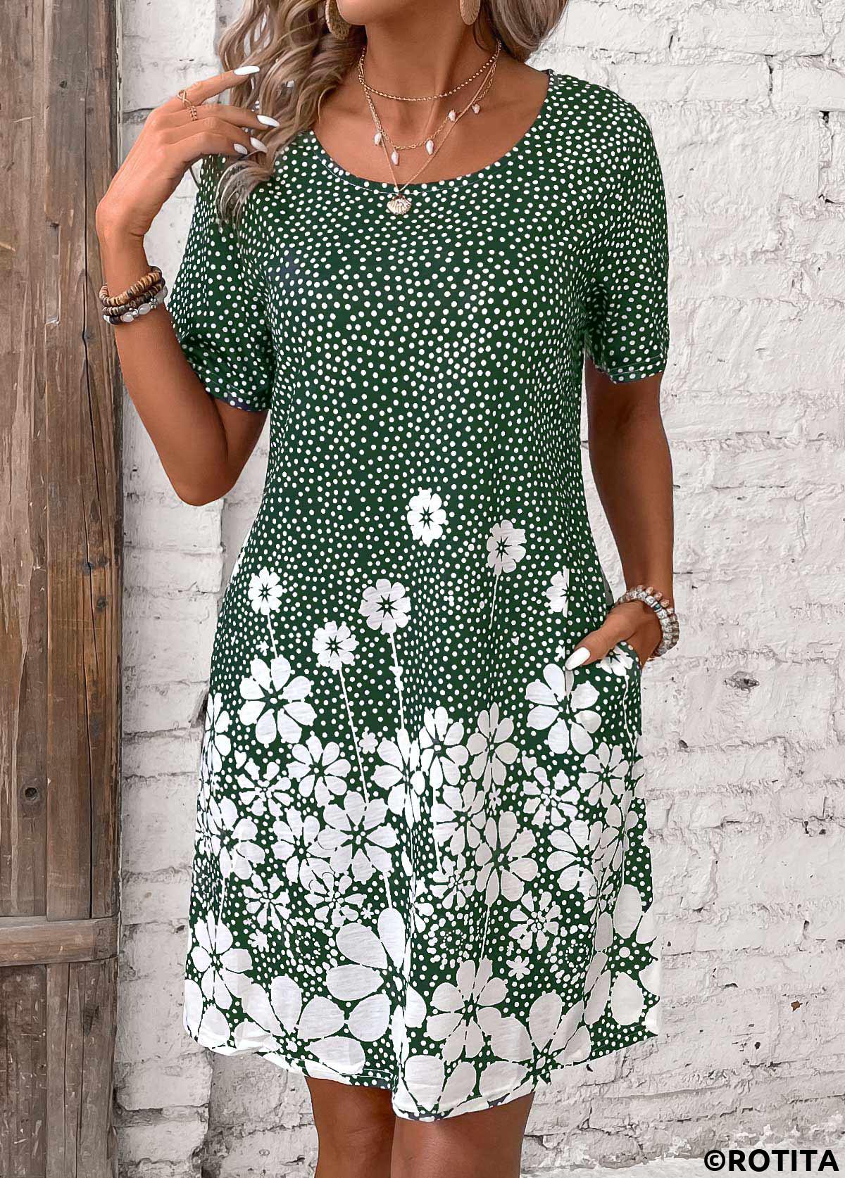 Green dresses,Floral dresses,Plants dresses,Dot dresses,Everyday dresses,Casual dresses,Pocket Floral Print Green Short Round Neck Dress