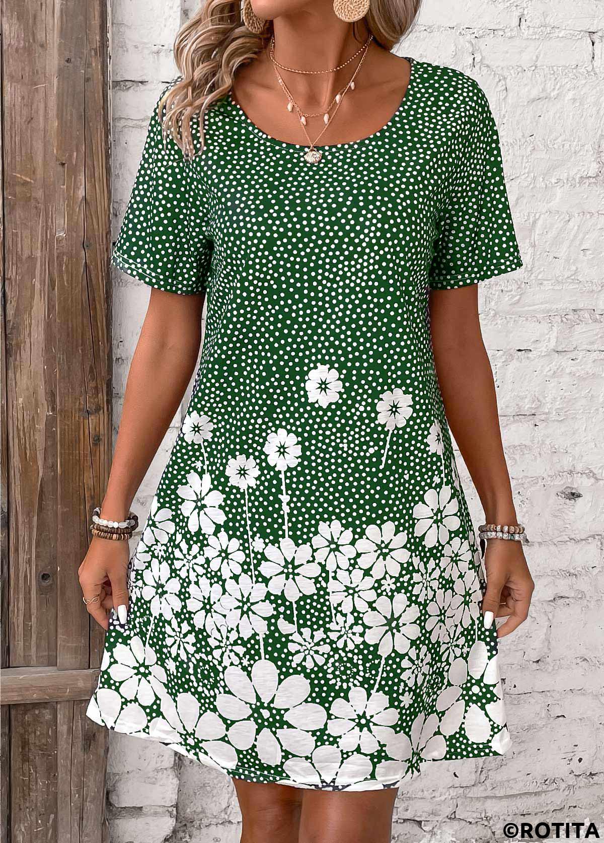 Green dresses,Floral dresses,Plants dresses,Dot dresses,Everyday dresses,Casual dresses,Pocket Floral Print Green Short Round Neck Dress