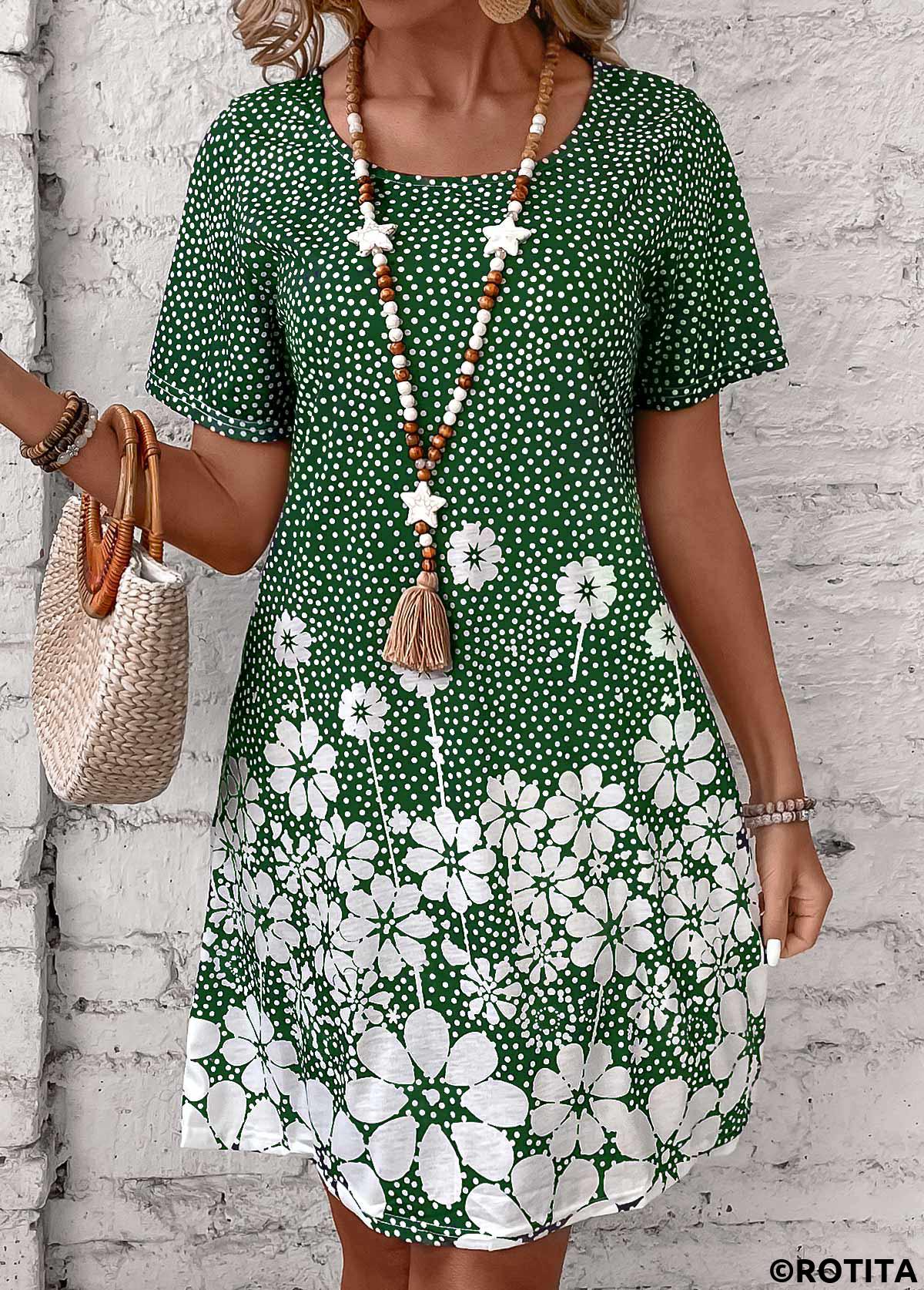 Green dresses,Floral dresses,Plants dresses,Dot dresses,Everyday dresses,Casual dresses,Pocket Floral Print Green Short Round Neck Dress