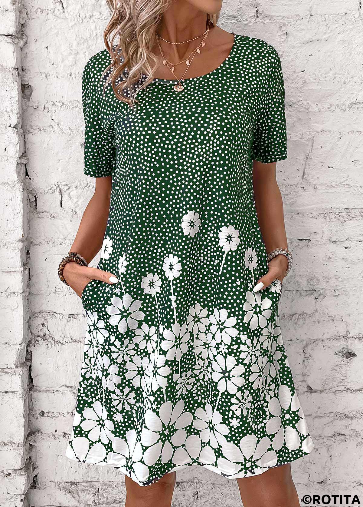 Green dresses,Floral dresses,Plants dresses,Dot dresses,Everyday dresses,Casual dresses,Pocket Floral Print Green Short Round Neck Dress