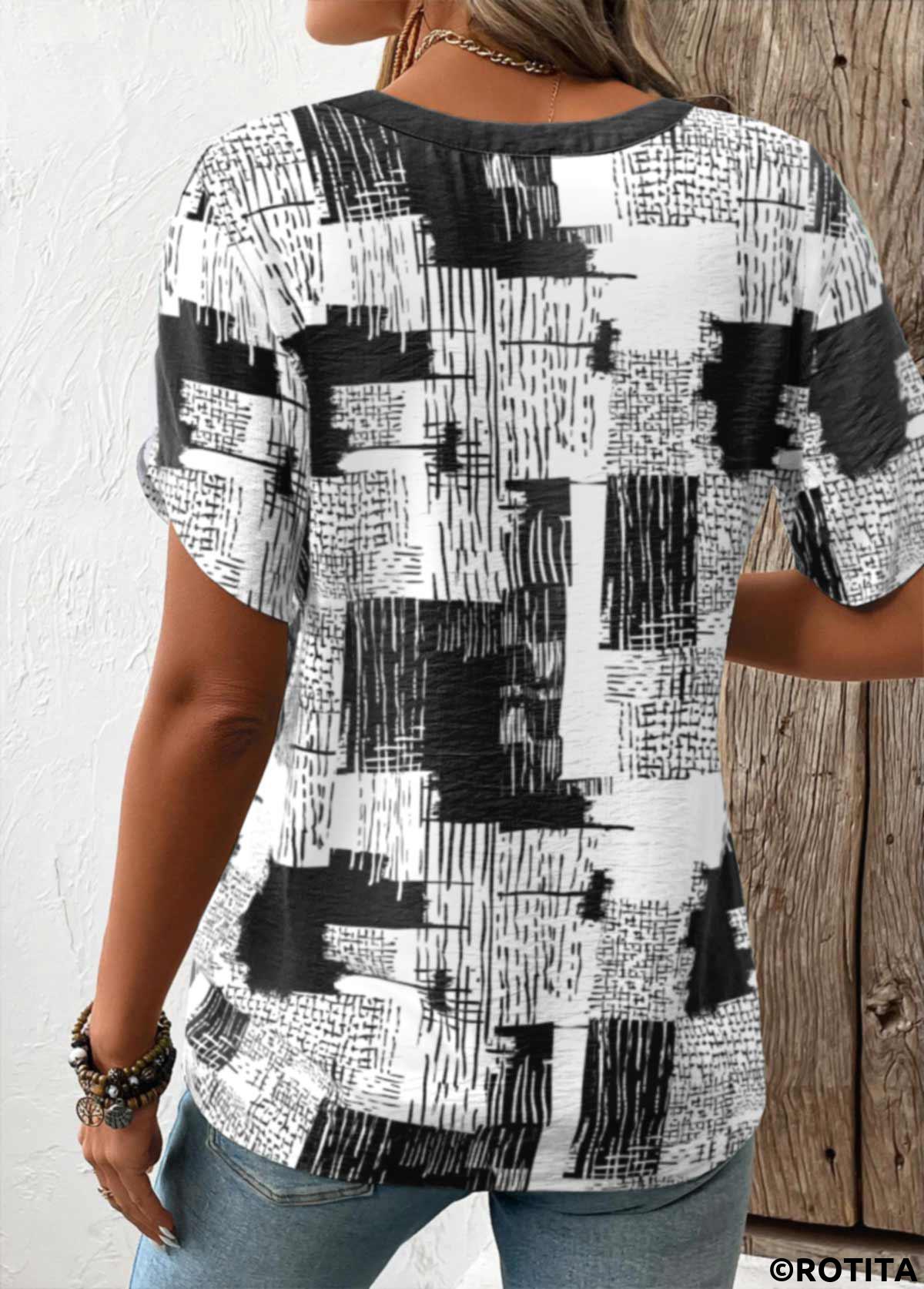 Black tops,Geometric tops,Striped tops,ROTITA Split Geometric Print Black Short Sleeve T Shirt