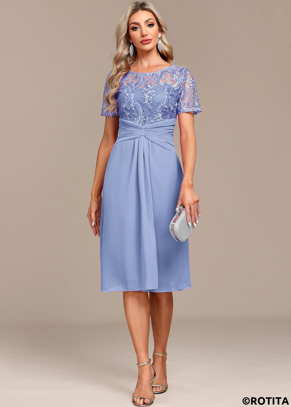 Light Blue dresses,Plain Color dresses,Party dresses,Elegant dresses,ROTITA Lace Split Light Blue H Shape Dress