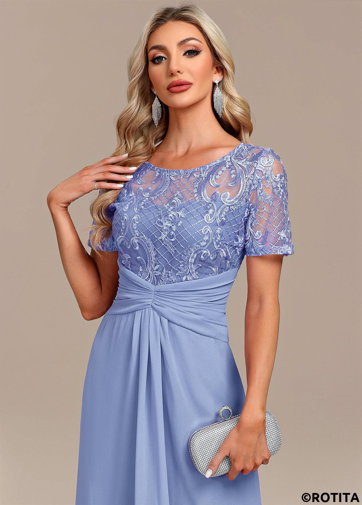 Light Blue dresses,Plain Color dresses,Party dresses,Elegant dresses,ROTITA Lace Split Light Blue H Shape Dress
