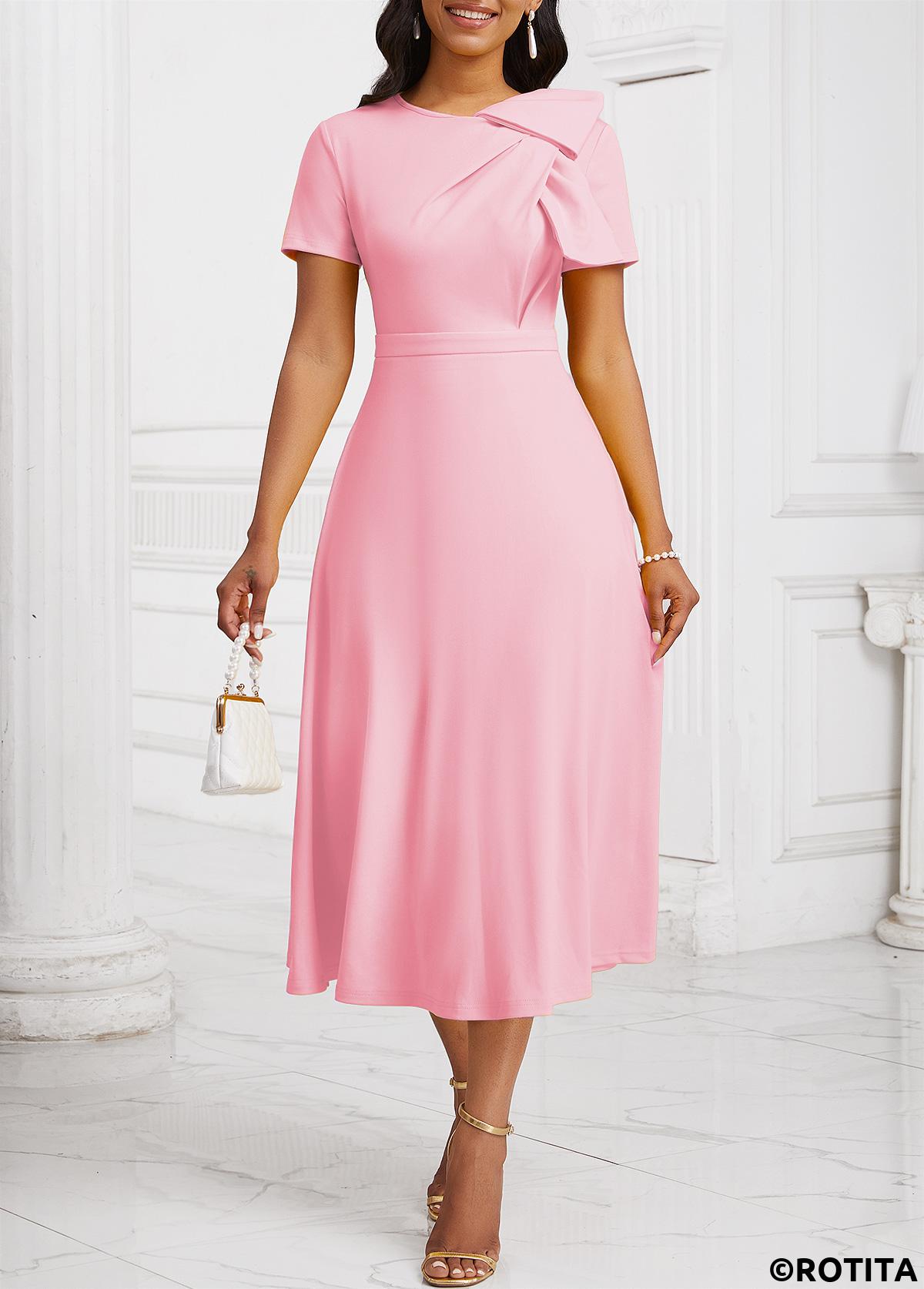 Light Pink dresses,Plain Color dresses,Everyday dresses,Casual dresses,ROTITA Zipper Light Pink Asymmetrical Neck Short Sleeve Dress