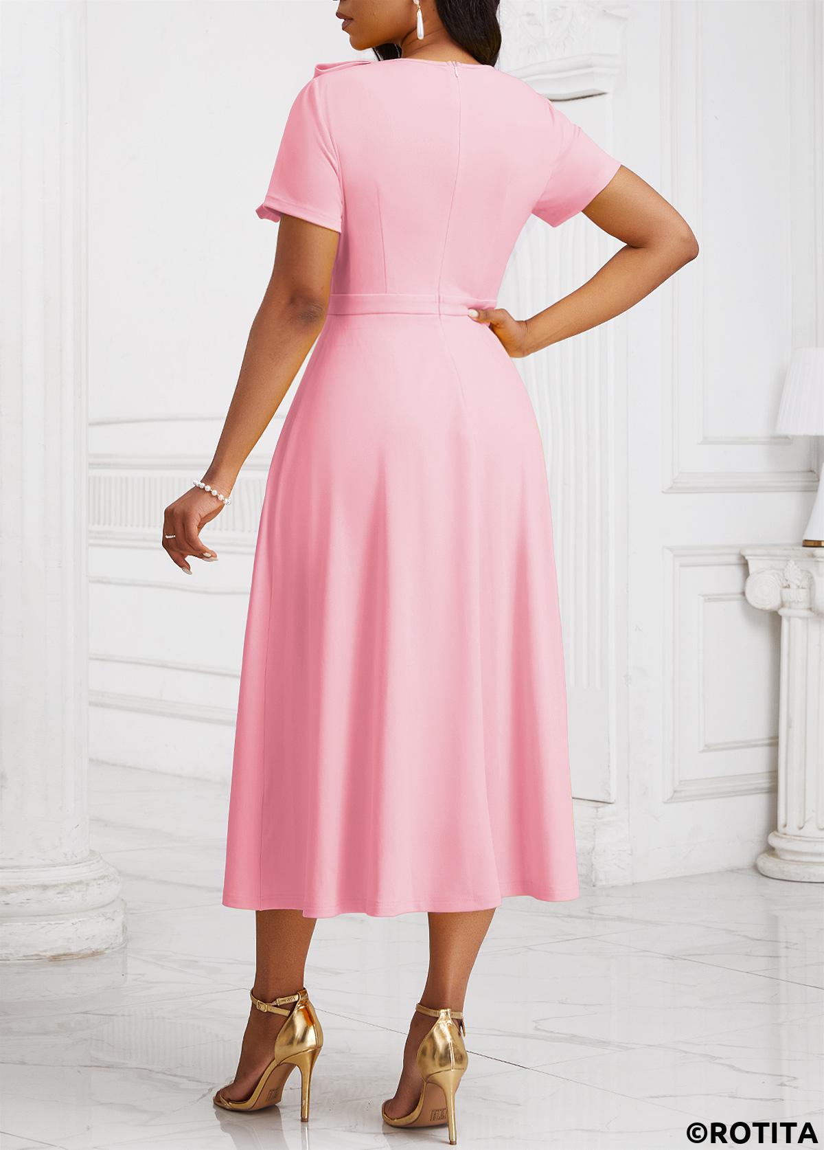 Light Pink dresses,Plain Color dresses,Everyday dresses,Casual dresses,ROTITA Zipper Light Pink Asymmetrical Neck Short Sleeve Dress