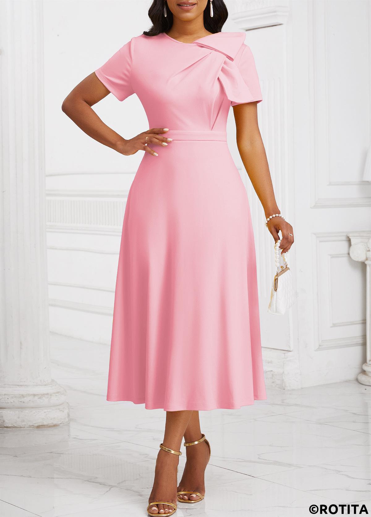 Light Pink dresses,Plain Color dresses,Everyday dresses,Casual dresses,ROTITA Zipper Light Pink Asymmetrical Neck Short Sleeve Dress