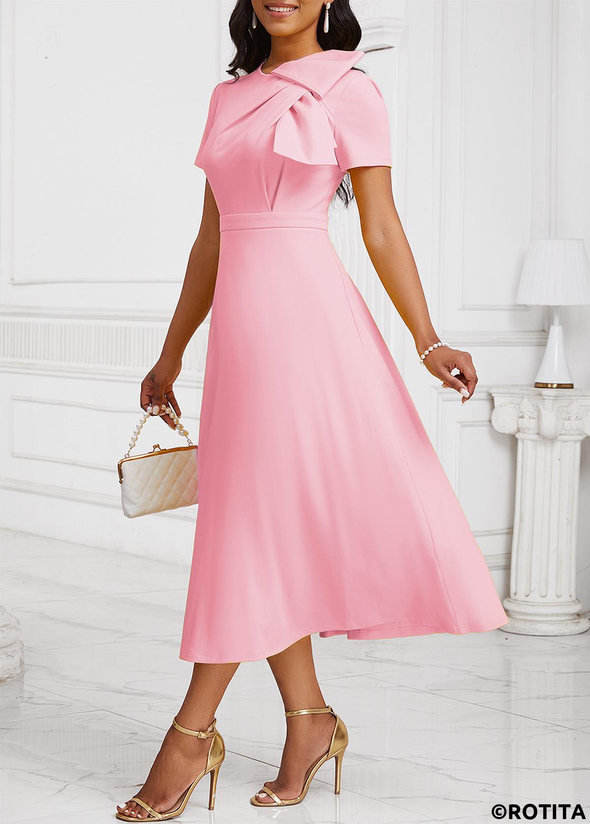 Light Pink dresses,Plain Color dresses,Everyday dresses,Casual dresses,ROTITA Zipper Light Pink Asymmetrical Neck Short Sleeve Dress