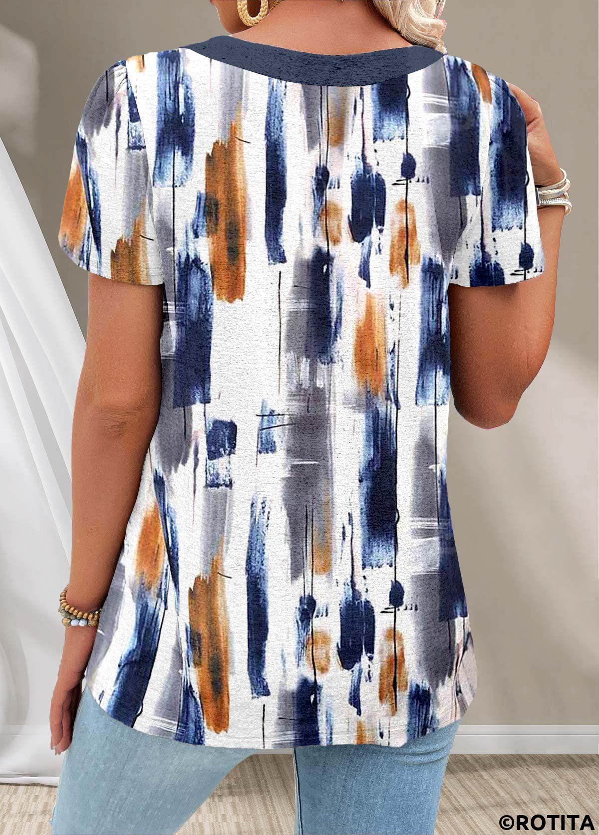 Navy tops,White tops,Graphic tops,ROTITA Button Graffiti Print Navy Square Neck T Shirt