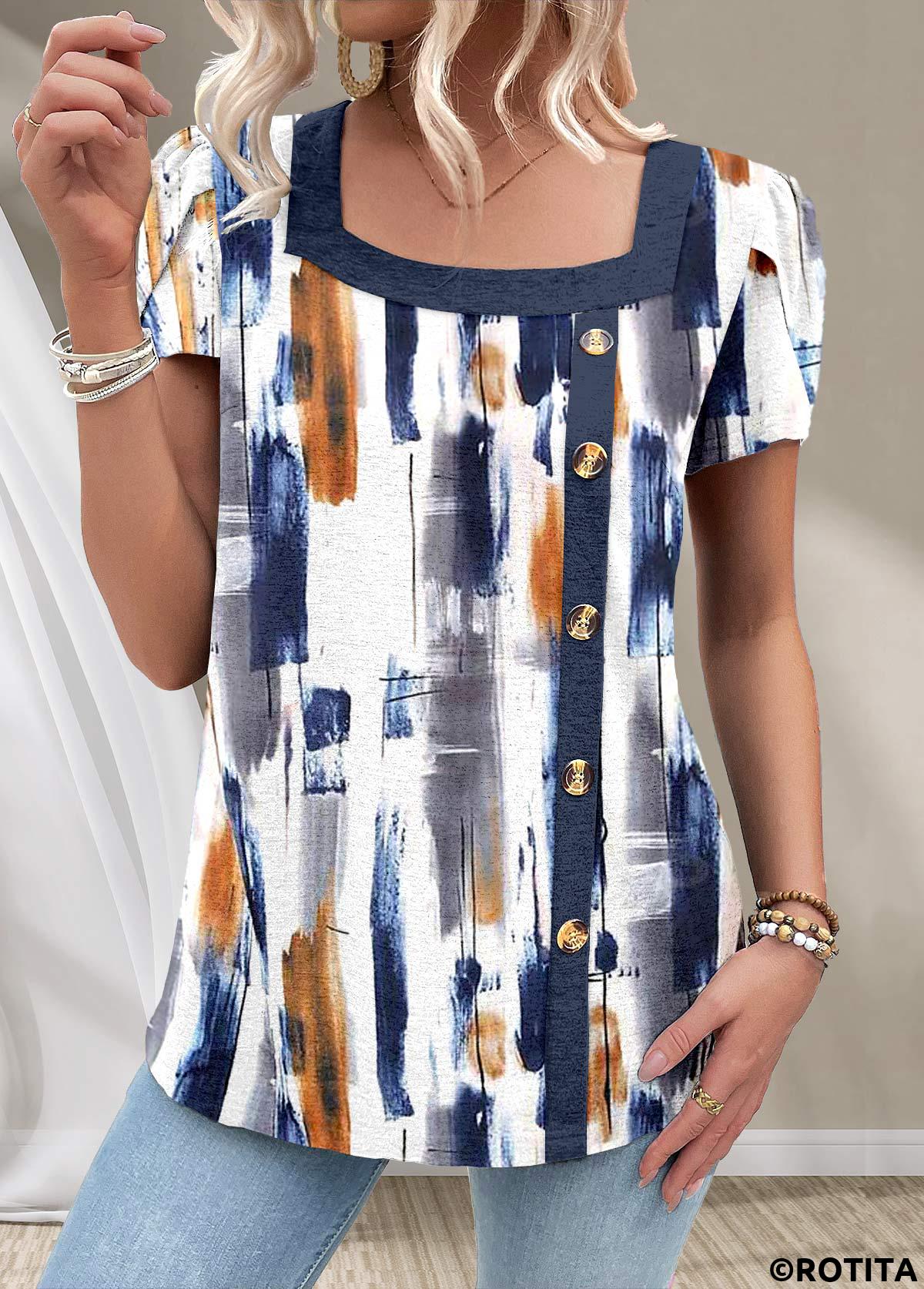 Navy tops,White tops,Graphic tops,ROTITA Button Graffiti Print Navy Square Neck T Shirt