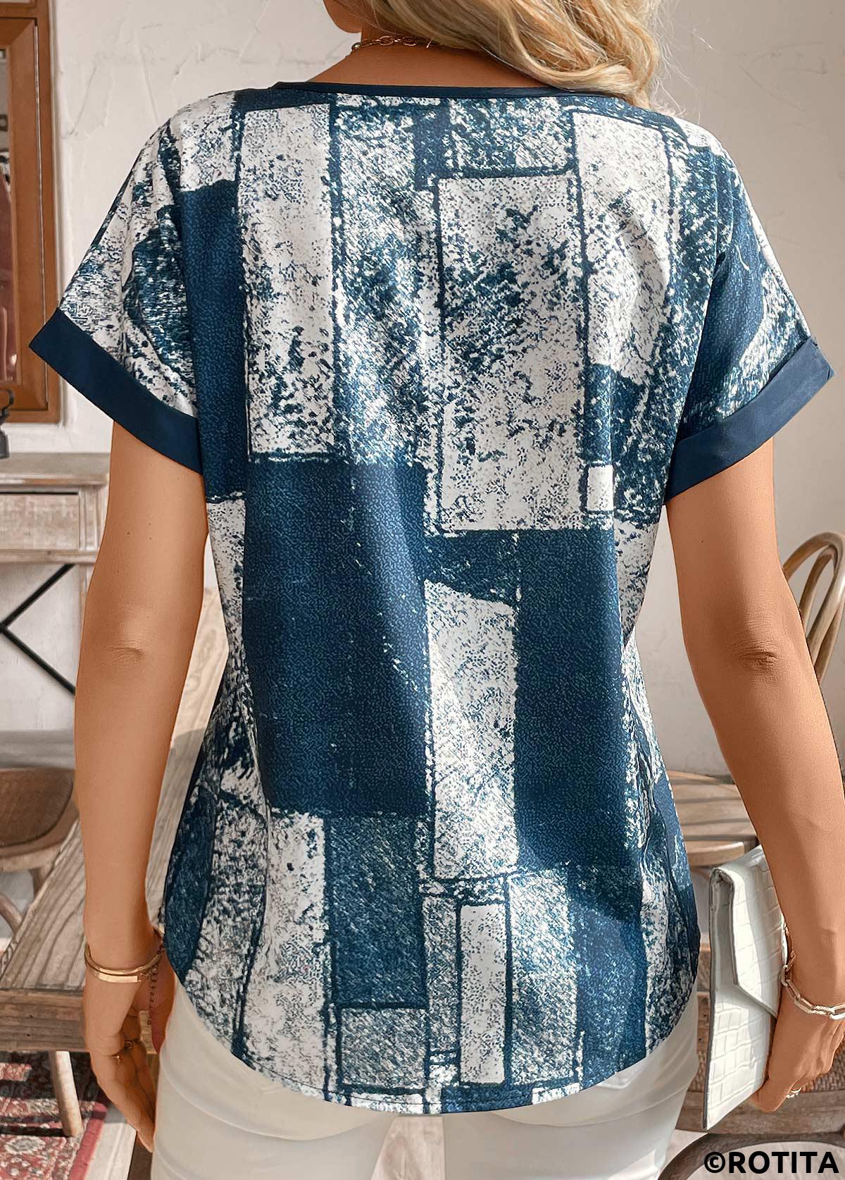 Peacock Blue tops,Geometric tops,Split Geometric Print Peacock Blue Short Sleeve T Shirt