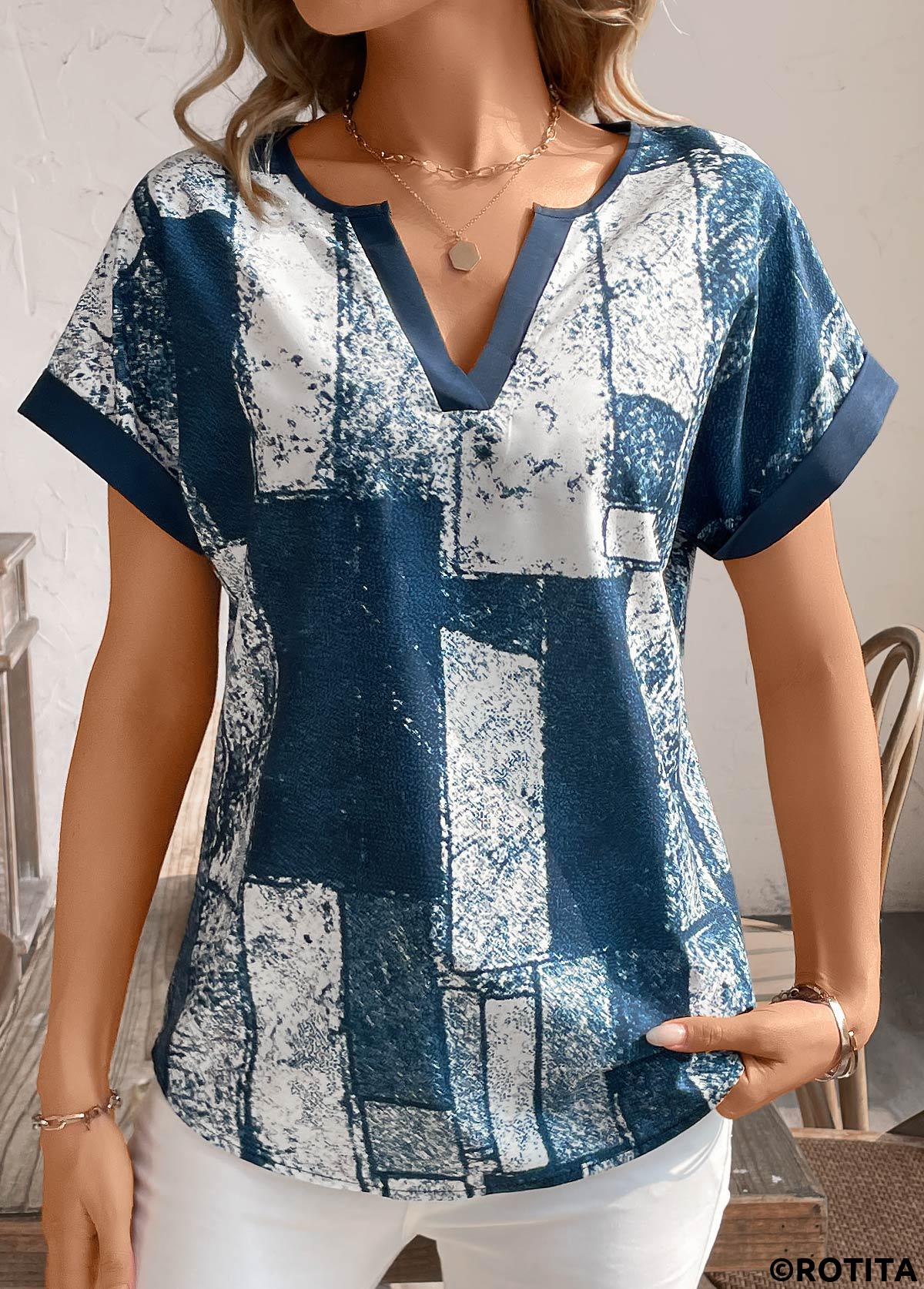 Peacock Blue tops,Geometric tops,Split Geometric Print Peacock Blue Short Sleeve T Shirt