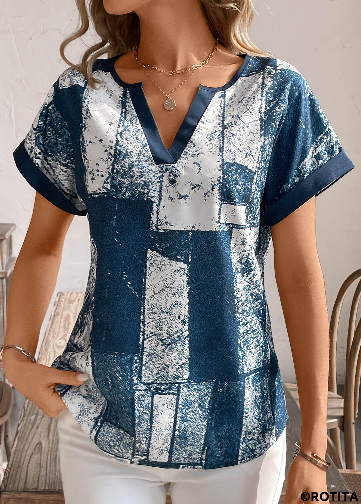 Peacock Blue tops,Geometric tops,Split Geometric Print Peacock Blue Short Sleeve T Shirt