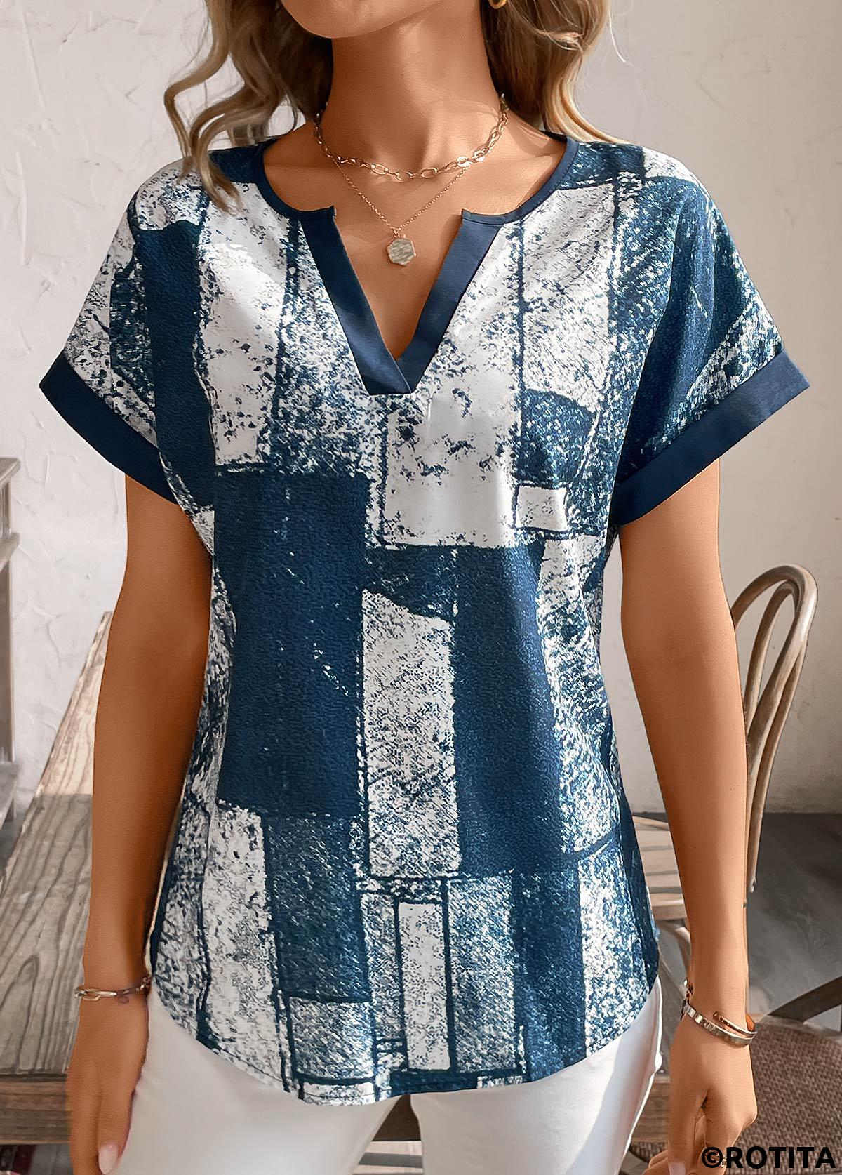 Peacock Blue tops,Geometric tops,Split Geometric Print Peacock Blue Short Sleeve T Shirt