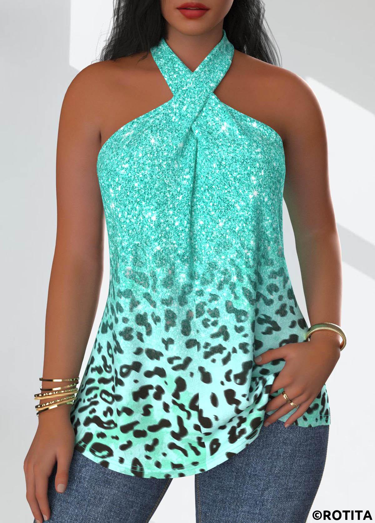 ROTITA Criss Cross Leopard Mint Green Sleeveless Tank Top