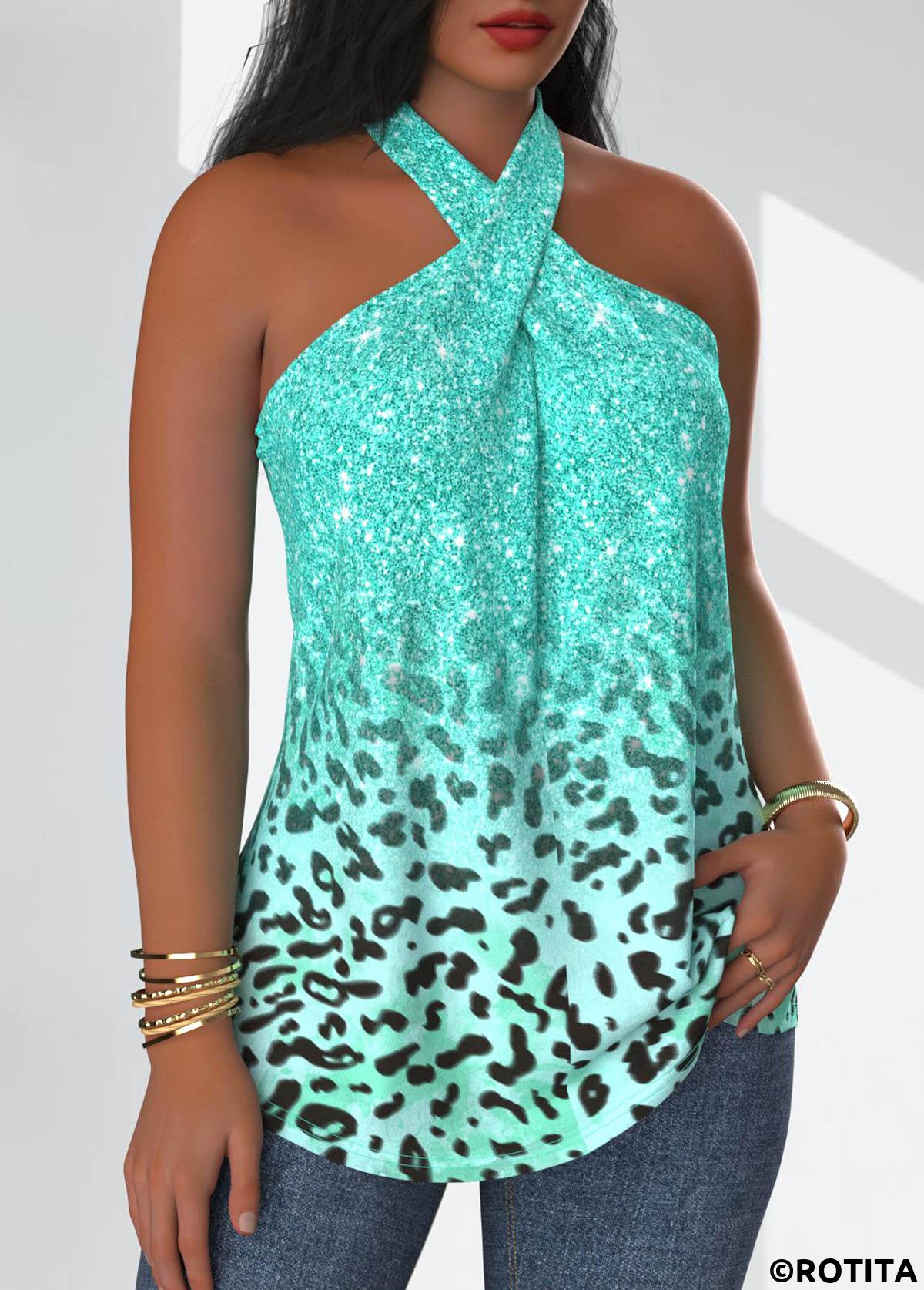 ROTITA Criss Cross Leopard Mint Green Sleeveless Tank Top