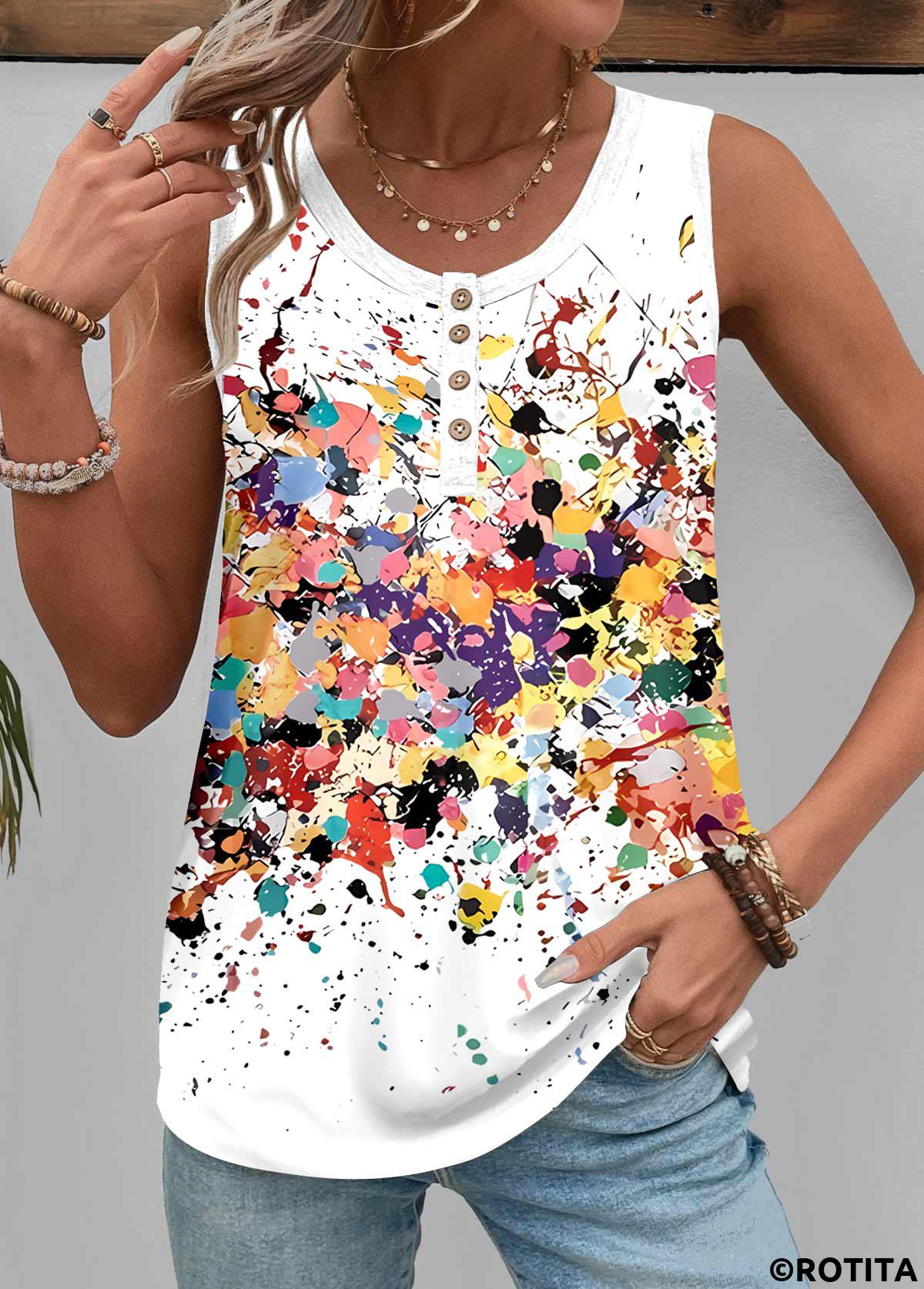 White tops,Dazzle Colorful tops,ROTITA Button Dazzle Colorful Print White Round Neck Tank Top