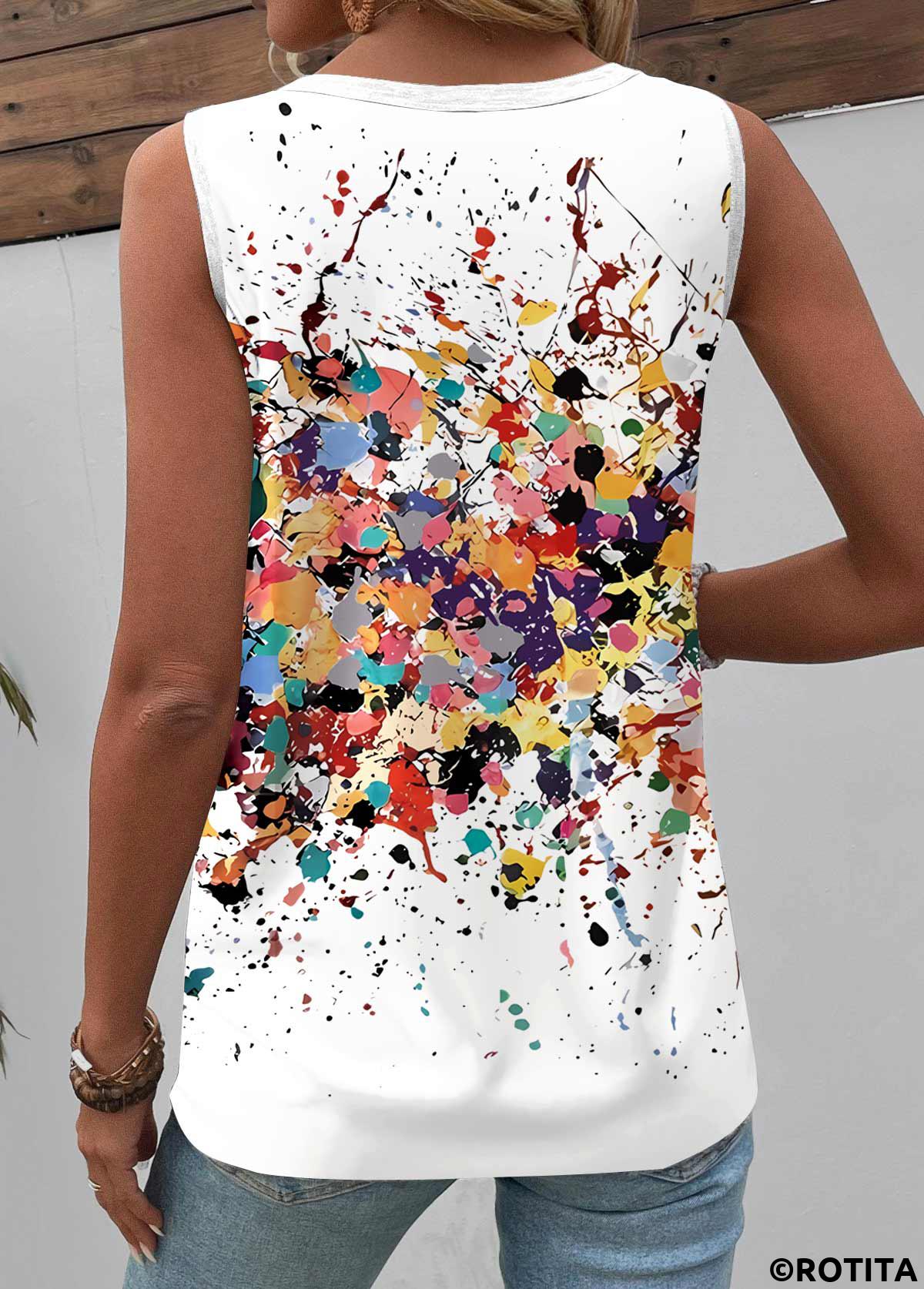 White tops,Dazzle Colorful tops,ROTITA Button Dazzle Colorful Print White Round Neck Tank Top