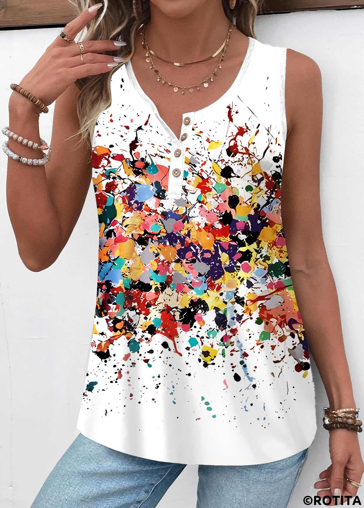 White tops,Dazzle Colorful tops,ROTITA Button Dazzle Colorful Print White Round Neck Tank Top