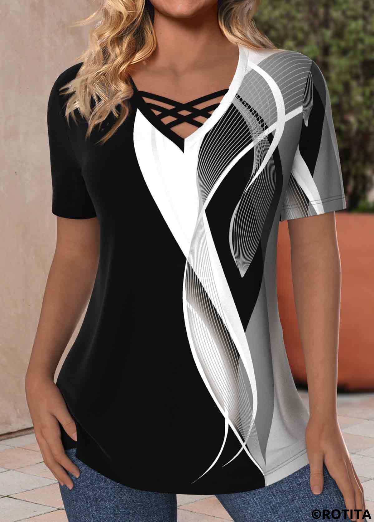 Black tops,Grey tops,Geometric tops,Striped tops,Ombre tops,ROTITA Criss Cross Geometric Print Black V Neck T Shirt