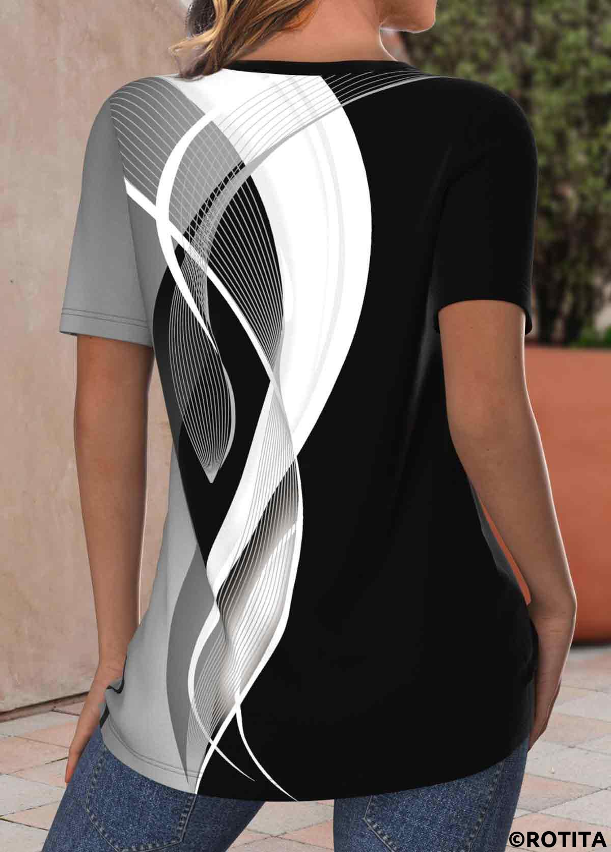 Black tops,Grey tops,Geometric tops,Striped tops,Ombre tops,ROTITA Criss Cross Geometric Print Black V Neck T Shirt