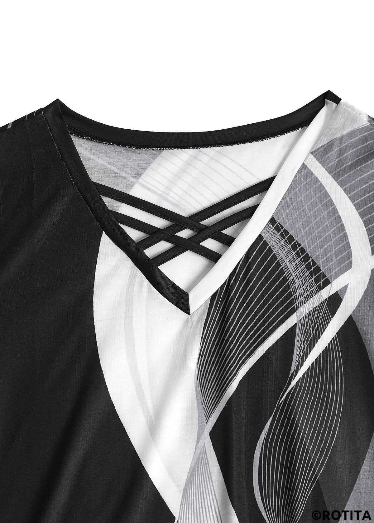 Black tops,Grey tops,Geometric tops,Striped tops,Ombre tops,ROTITA Criss Cross Geometric Print Black V Neck T Shirt
