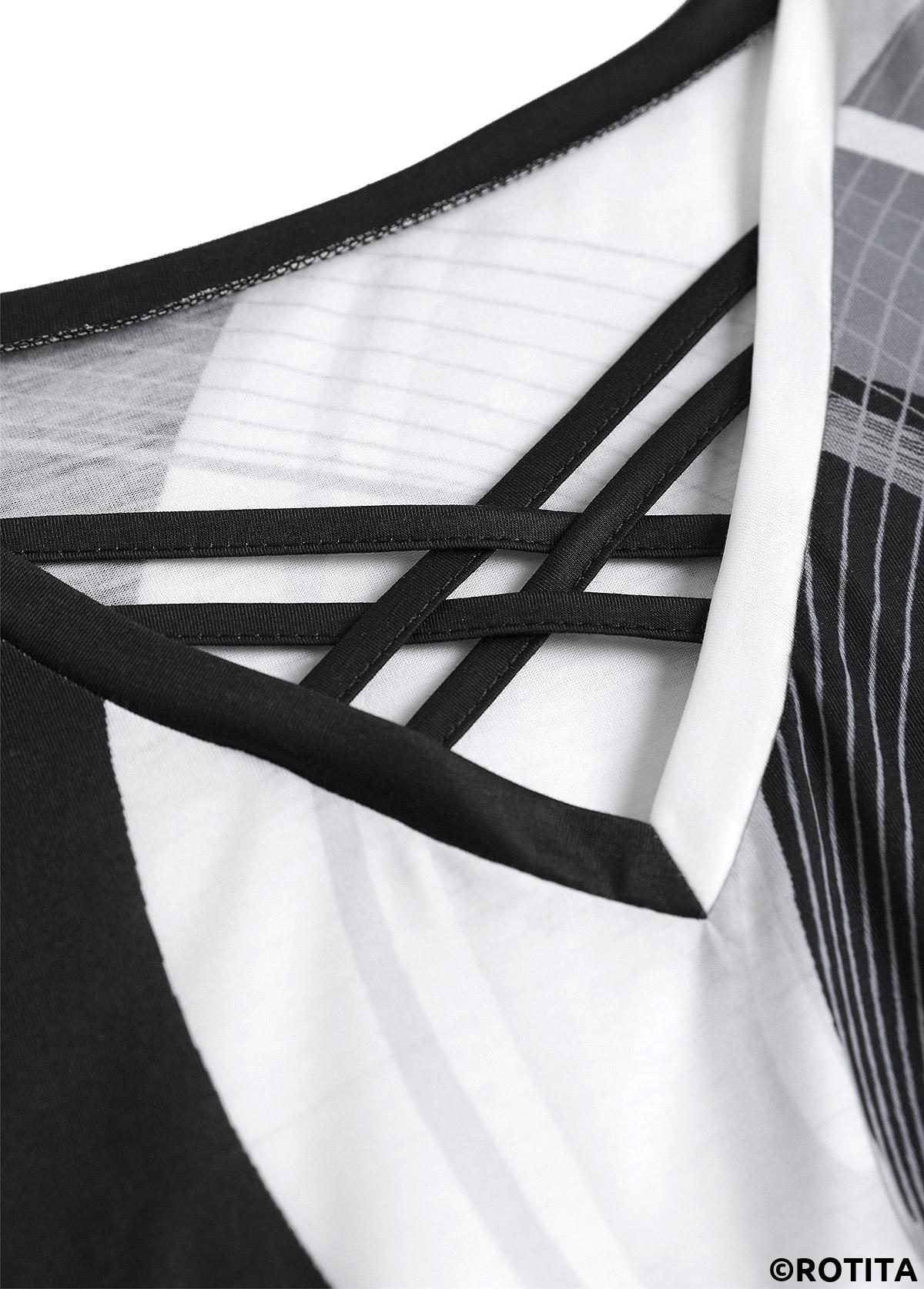Black tops,Grey tops,Geometric tops,Striped tops,Ombre tops,ROTITA Criss Cross Geometric Print Black V Neck T Shirt