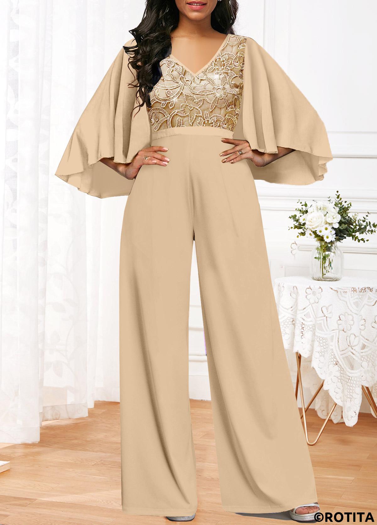 Rotita-Stickerei Champagner-Jumpsuit mit langem V-Ausschnitt und 3/4-Ärmeln