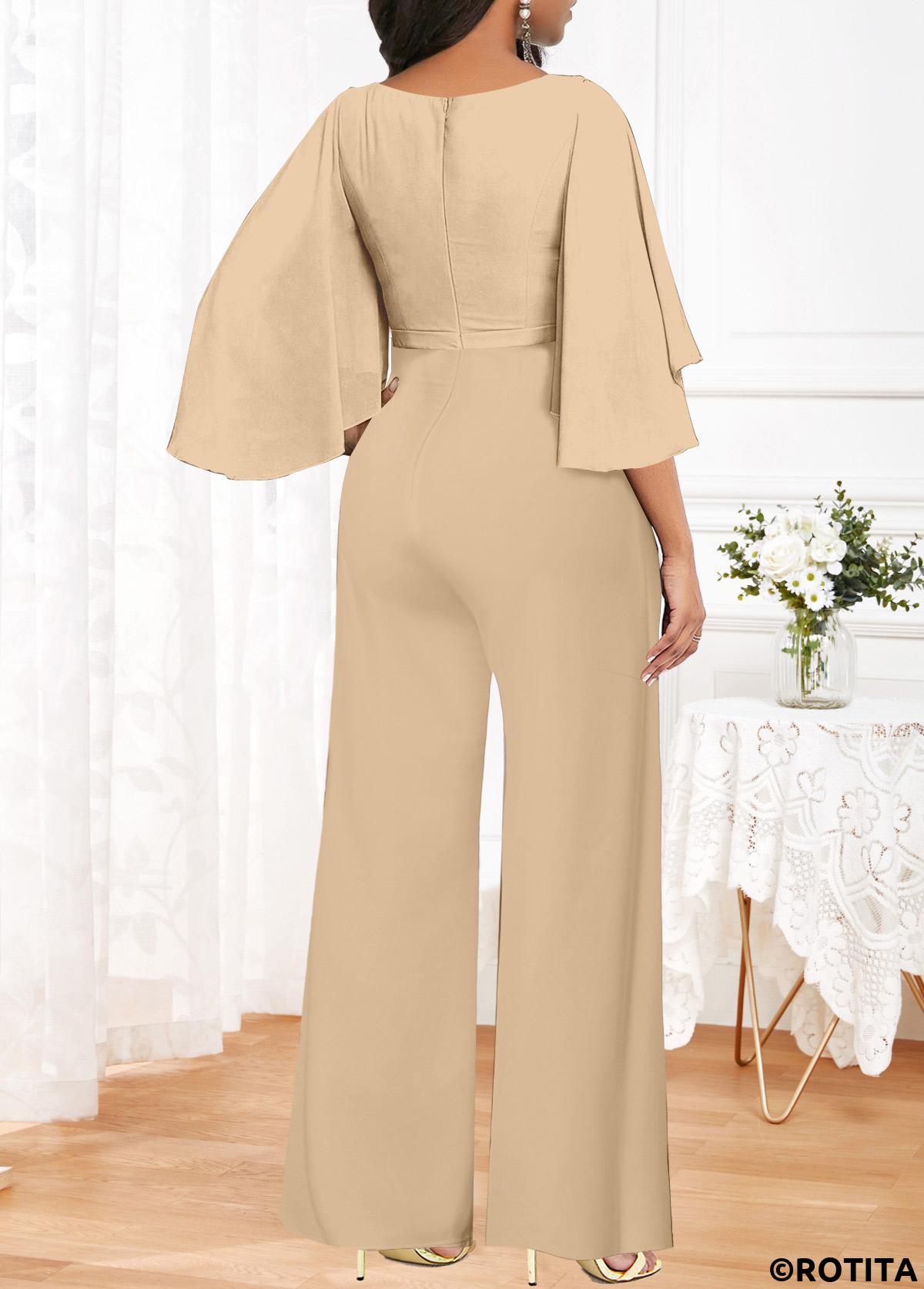 Rotita-Stickerei Champagner-Jumpsuit mit langem V-Ausschnitt und 3/4-Ärmeln