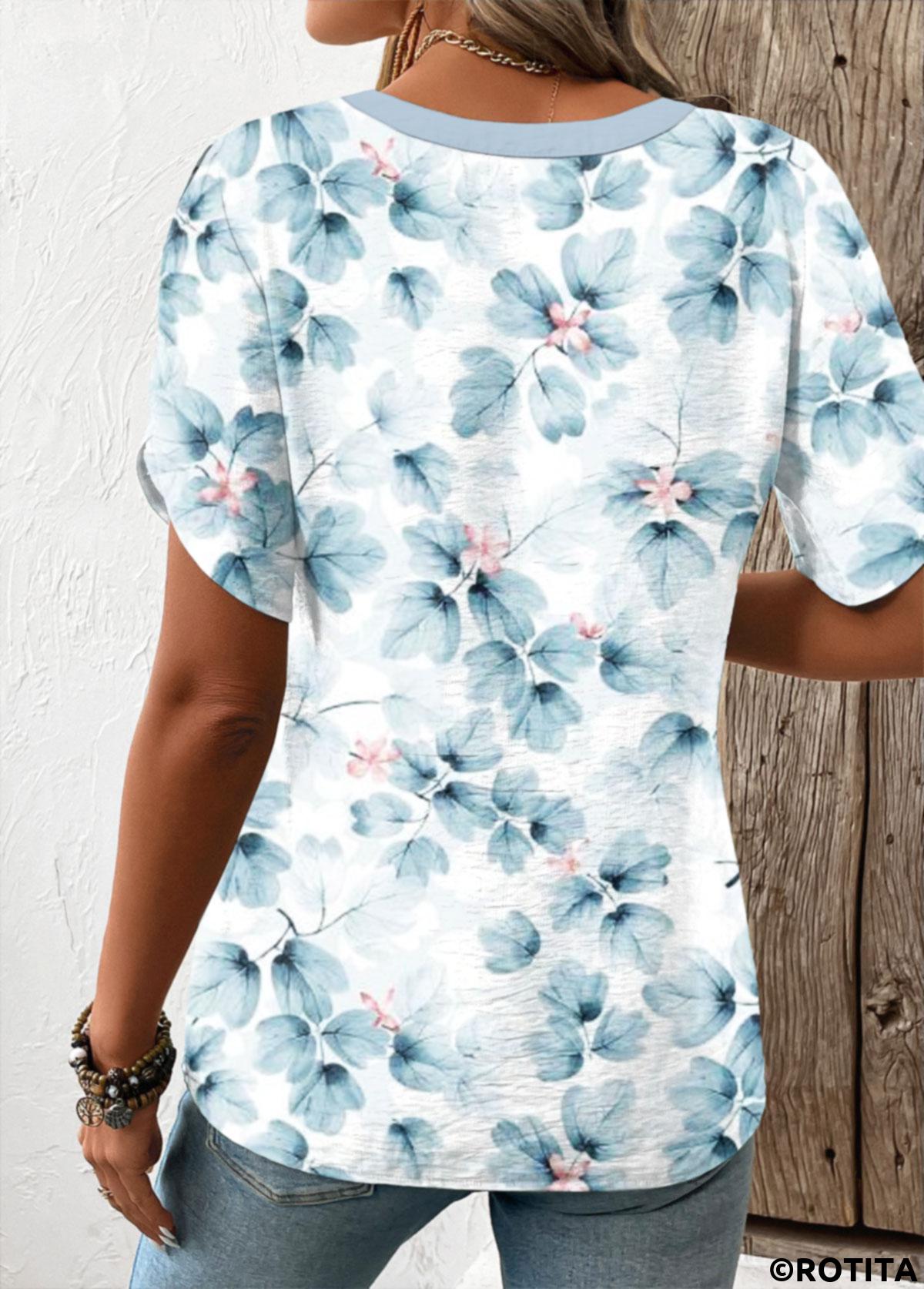 Light Blue tops,Plants tops,Floral tops,ROTITA Patchwork Random Floral Print Light Blue Split Neck Blouse