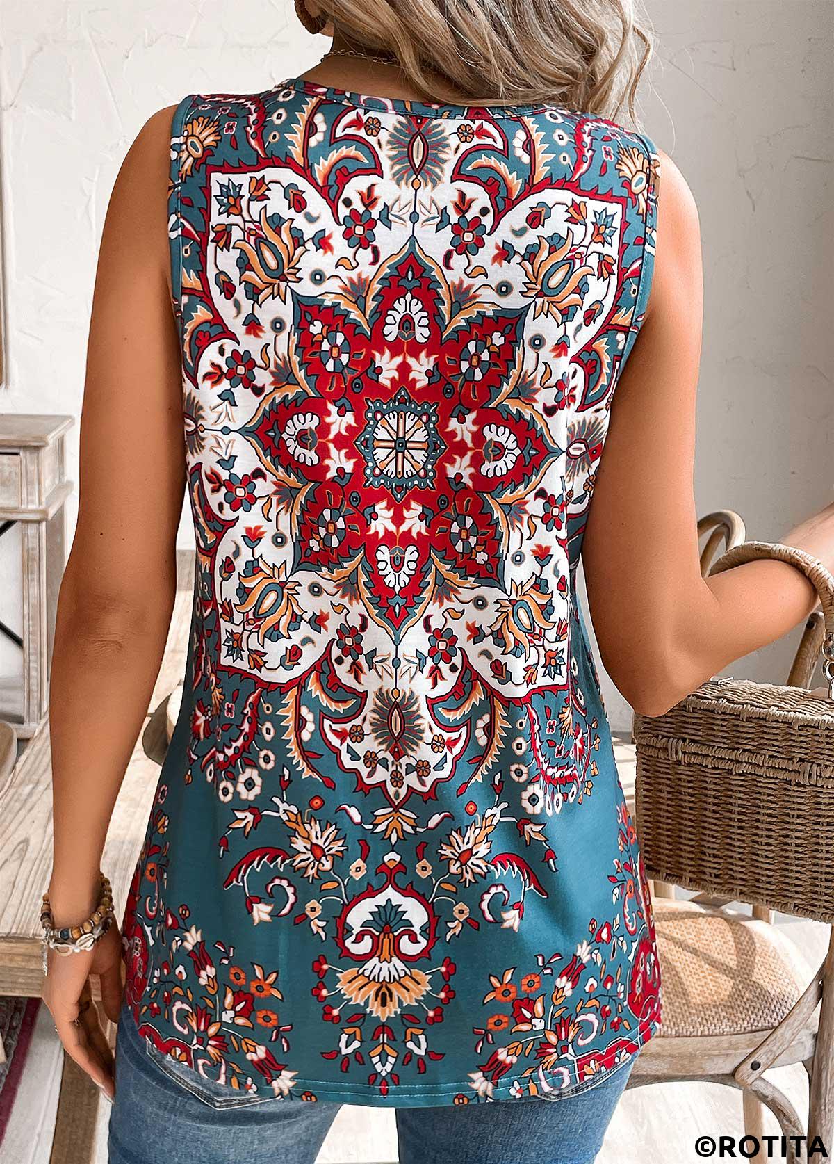 Tribal Print Multi Color V Neck Sleeveless Tank Top
