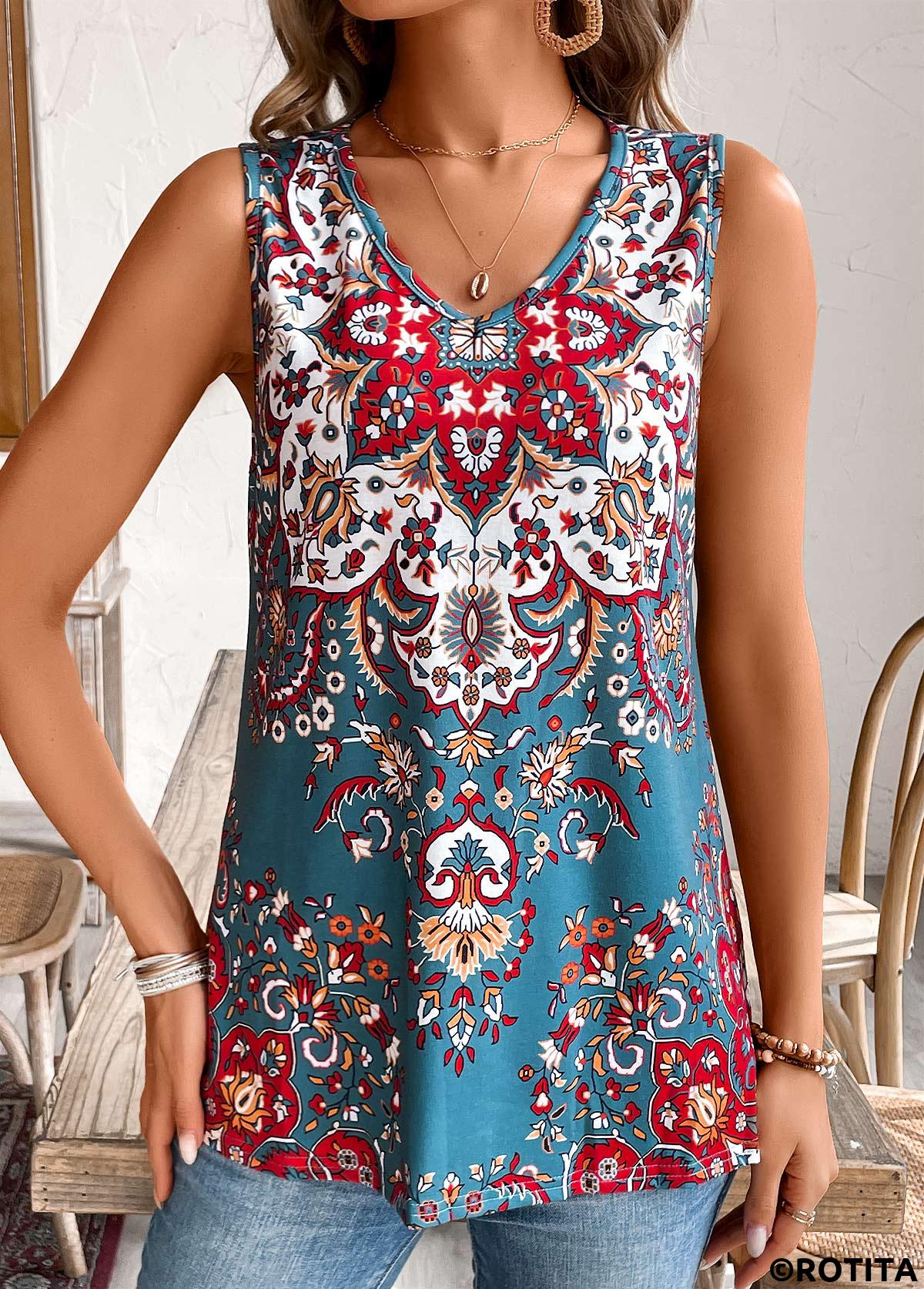 Tribal Print Multi Color V Neck Sleeveless Tank Top