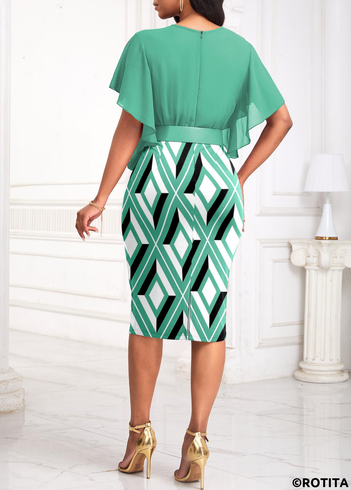 Mint Green dresses,Geometric dresses,Everyday dresses,Casual dresses,ROTITA Tie Geometric Print Mint Green Belted Bodycon Dress