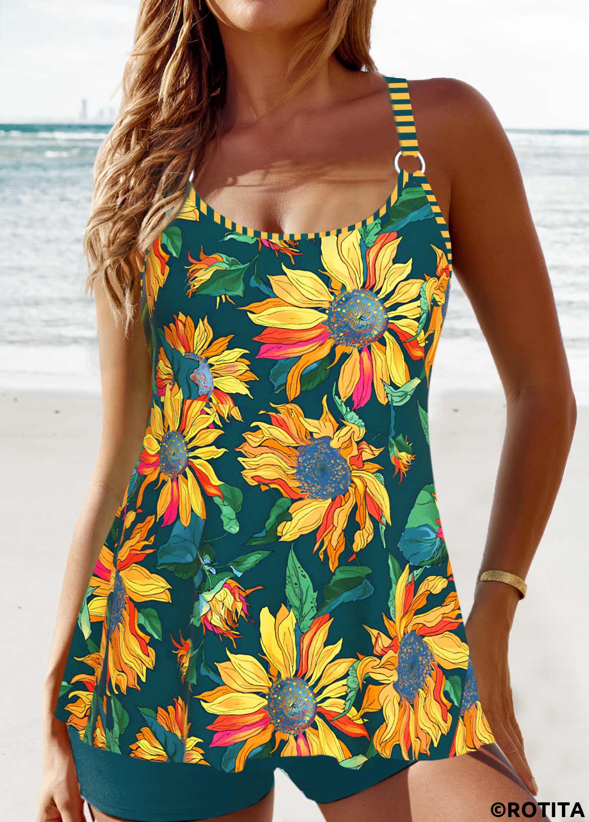 Blackish Green swimwear,Yellow swimwear,Floral swimwear,Plants swimwear,Striped swimwear,ROTITA Circular Ring Blackish Green Floral Print Tankini Set