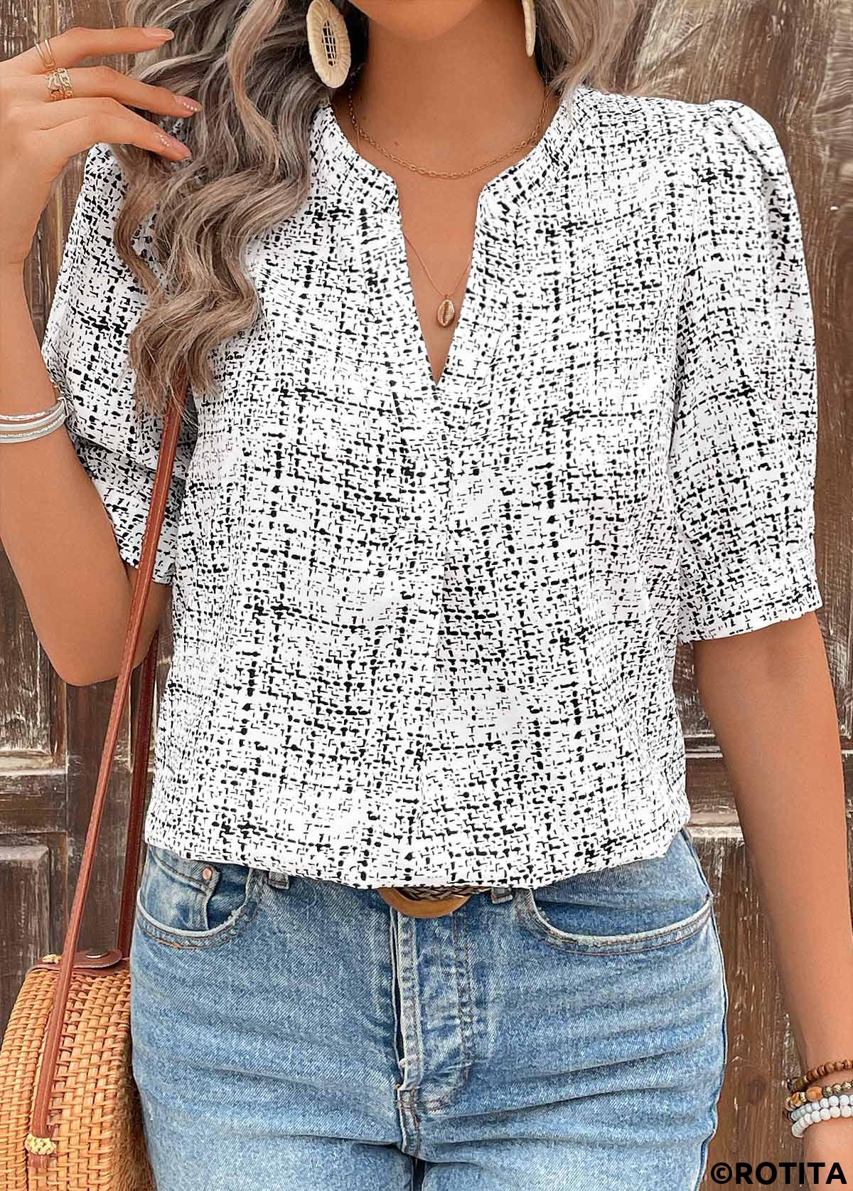 White tops,Black tops,Graphic tops,Graffiti Print White Split Neck Short Sleeve Blouse