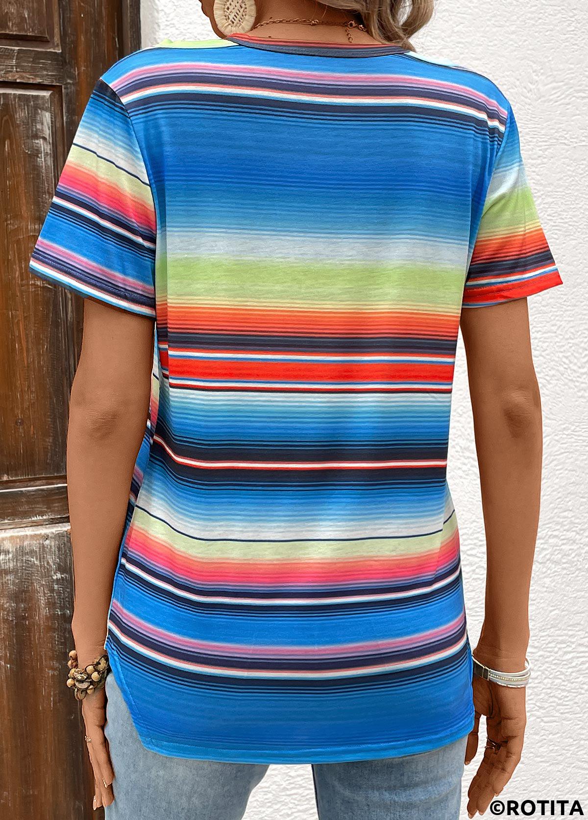 Sky Blue tops,Rainbow Color tops,Striped tops,Geometric tops,Cut Out Striped Sky Blue V Neck T Shirt