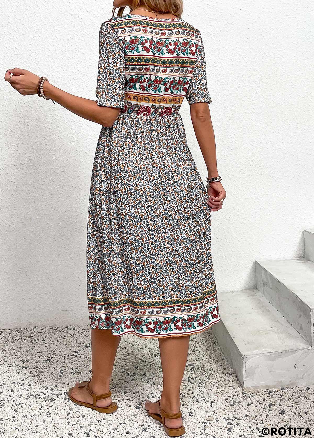 Multi Color dresses,Ditsy Floral dresses,Paisley dresses,Everyday dresses,Casual dresses,Ruched Ditsy Floral Print Multi Color Round Neck Dress