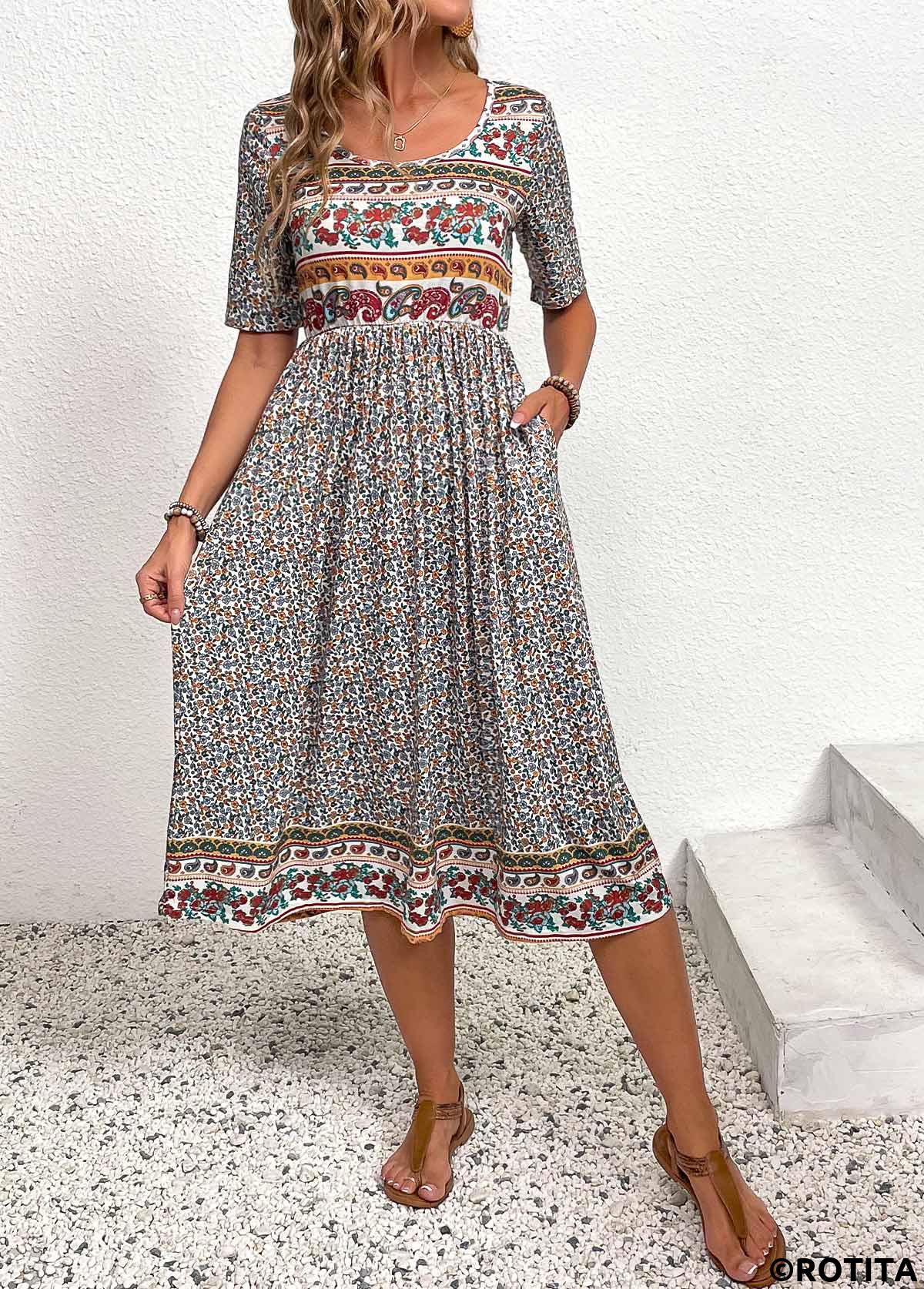 Multi Color dresses,Ditsy Floral dresses,Paisley dresses,Everyday dresses,Casual dresses,Ruched Ditsy Floral Print Multi Color Round Neck Dress